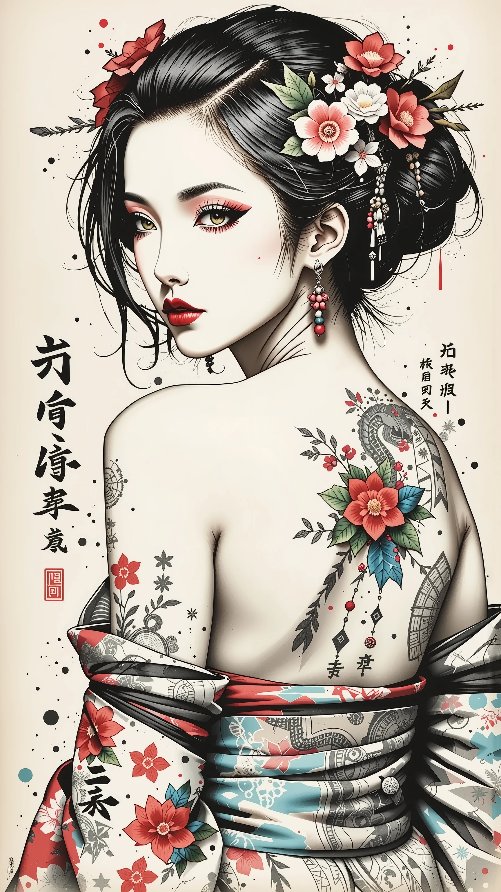 Waist-length view. A detailed drawing of a geisha midriff portrait made with a thin black pencil in shades of gray and red (flowers, tattoo). View from behind, up to the waist, she squints at the viewer, turning over her left shoulder, bare shoulders, Japanese geisha makeup, elegant tattoos with dragons and flowers. Complicated hairstyle, red flowers in her hair. Long eyelashes, a very beautiful slender sexy young Japanese woman, white skin. Master's drawing, very high quality, photographic accuracy.