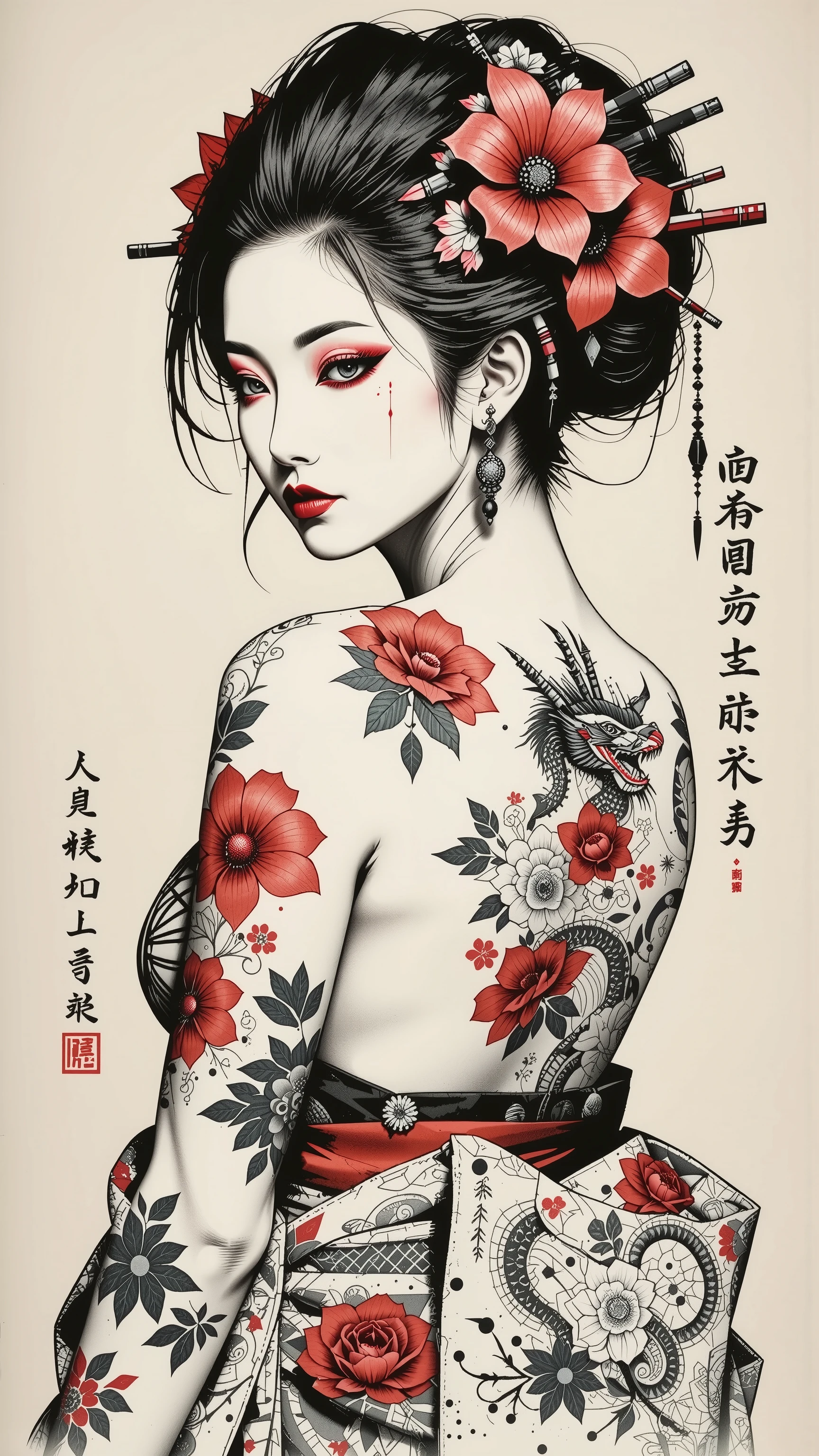 Waist-length view. A detailed drawing of a geisha midriff portrait made with a thin black pencil in shades of gray and red (flowers, tattoo). View from behind, up to the waist, she squints at the viewer, turning over her left shoulder, bare shoulders, Japanese geisha makeup, elegant tattoos with dragons and flowers. Complicated hairstyle, red flowers in her hair. Long eyelashes, a very beautiful slender sexy young Japanese woman, white skin. Master's drawing, very high quality, photographic accuracy.