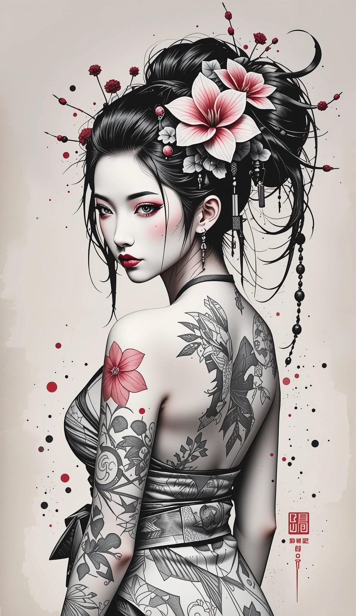 Waist-length view. A detailed drawing of a geisha midriff portrait made with a thin black pencil in shades of gray and red (flowers, tattoo). View from behind, up to the waist, she squints at the viewer, turning over her left shoulder, bare shoulders, Japanese geisha makeup, elegant tattoos with dragons and flowers. Complicated hairstyle, red flowers in her hair. Long eyelashes, a very beautiful slender sexy young Japanese woman, white skin. Master's drawing, very high quality, photographic accuracy.