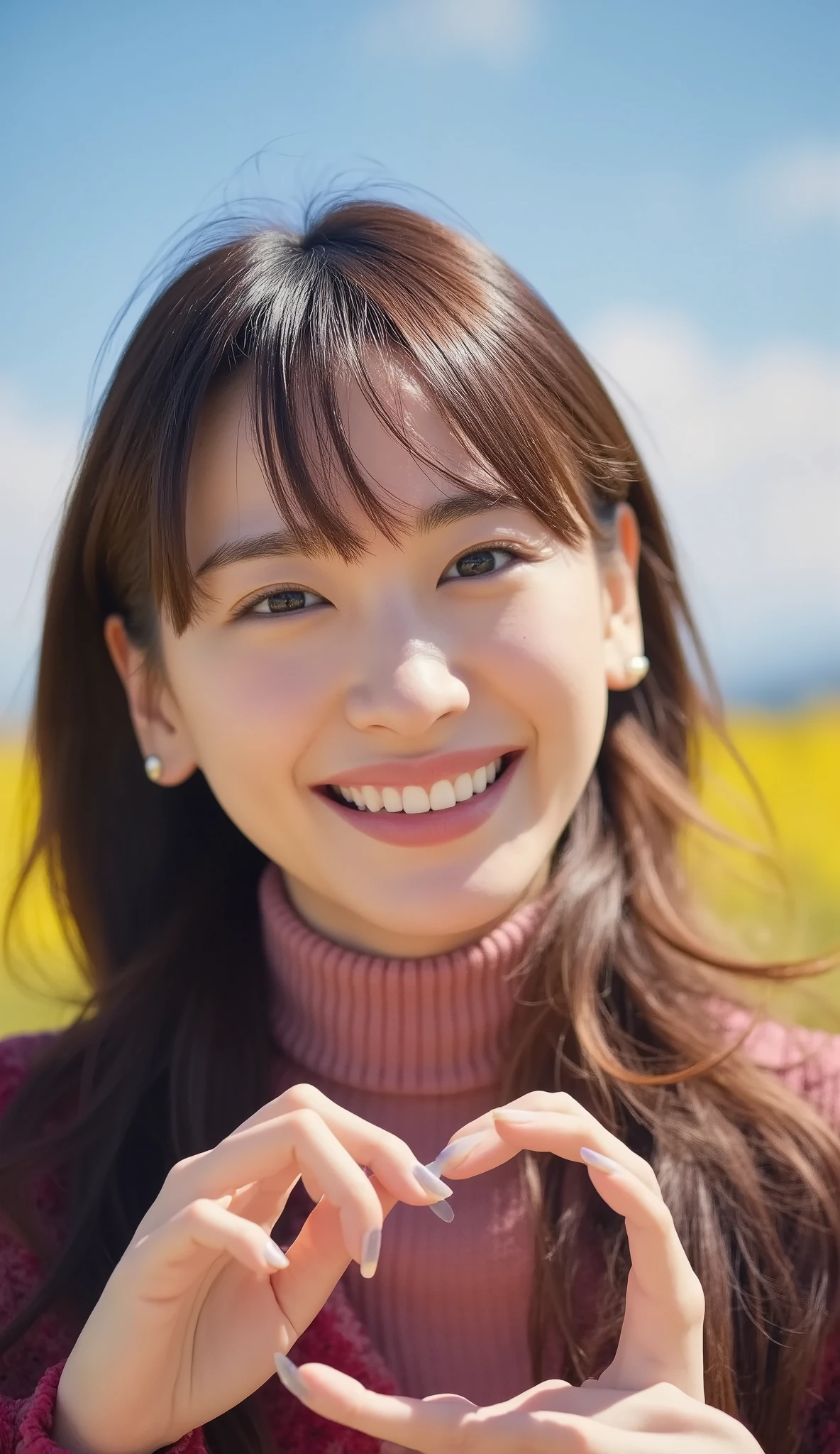 closeup , パステルカラーのオフショルダーパジャマWearing、A smiling woman posing alone 。 is a material that makes you feel warm just by touching it softly and gently, solid , making a big heart with both hands , Wearing、Physical-based rendering of , View above the collarbone、 The background is a flower field