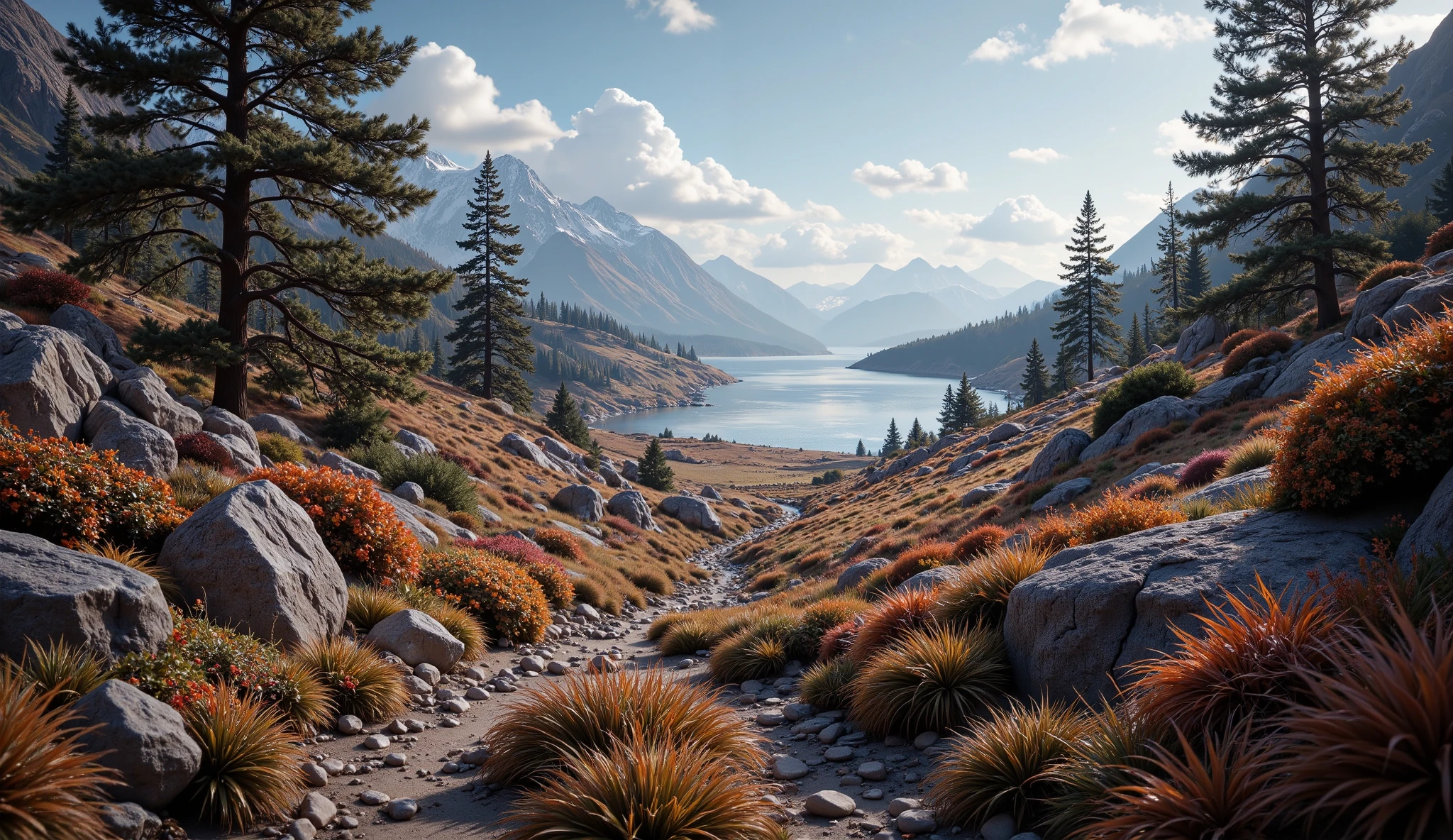   broken terrain ,  covered with evergreen shrubs and colorful grass.  you can see .  nearby body of water .  The temperature is quite cool ,  and the sky is mostly clear ..