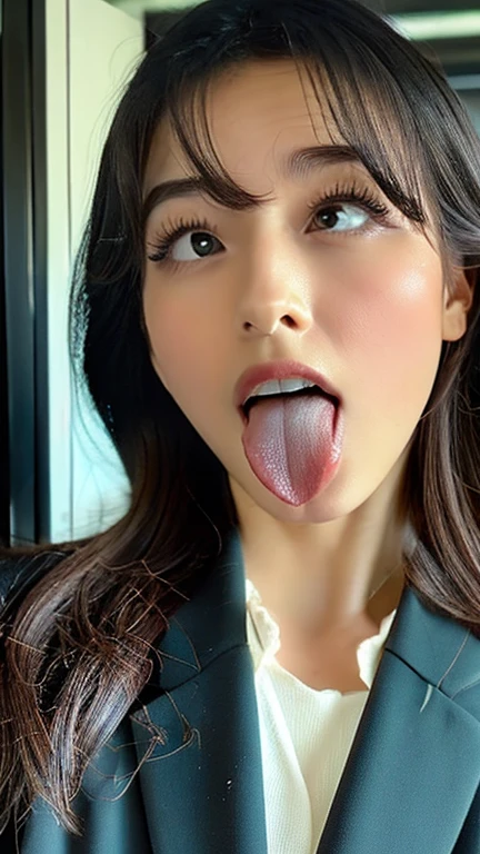 Victoria Justice、1 girl、超High resolution, retina, Accurate, masterpiece, Anatomically correct, Super Detail, Textured skin, Attention to detail, high quality, High resolution, 8k、Big double eyelids、nose、The focus is on the mouth、close-up focus on face、Woman with open mouth and closed eyes、30 years old、Brown Hair、(Verbal invitation, Long Tongue, Saliva trace, Ahegao, Drooling),nude,(Oilskin)、From below、(Female Soldier、Sleeveless uniform、military hat)Drooling, (((Frowning,)))Dark Prison Background,(( Stick out the long tongue))(Raise your arms behind your head)