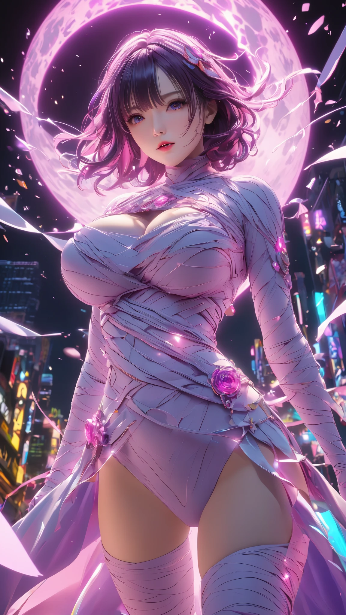 woman、pink mummy man , Purple Moon, ray tracing , Masterpiece, Top Quality , Super high quality, 不合理な Details, best light, sharp, sharp image, Ultimate, Details, extremely Details, high resolution, 16k, 超 high resolution, Particle Effects , Beautiful Effects, vibrant colors , neon light, neon, light, close-up、 Super Big Breasts 、 Long Sleeve 、 stockings、 realistic textured face and skin、 Photorealistic 、Original photo、 hyperdetail、 effect effect、 Overhead Shot、 Unconventional、2.5D CGI 、 Detailsなデジタルアート、 dynamic motion:1.2、 low angle:1.2、Oblique View 、
