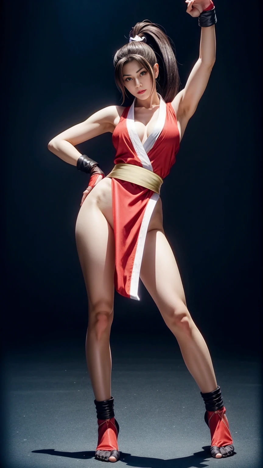 Mai Shiranui, (The King of Fighters), sexy girl, poderosa, traje sexy de artes marciales color rojo, YOUNG, skynny body, small and beautiful buttocks, toned abdomen, beautiful breasts, obscene, sensual, esta en el dojo de artes marciales de Japón, dramatic background, riene abanicos en sus manos, esta rodeada de fuego, partículas de fuego la rodean, energia ardiente, ella esta dando una patada al aire, ella esta entrenando karate, sensual look, beautiful brown eyes, classic hairstyle,Hair dyed in bright brown color, best quality,4k,8k,A high resolution,masterpiece,ultra detailed,Realistic, Photorealistic,photo realistic, ultra realista 