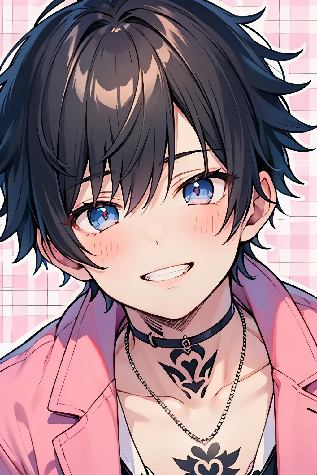 Blonde, black hair, for men, medium hair with visible tattoos ,blue eyes , pink eyes,Beautiful Boy, skinny,lips, tell a lie, Multiple Boys, 2 boys, , Yaoi, Checkered background,close up Face,((IN the bed:0.8)),Grinning face