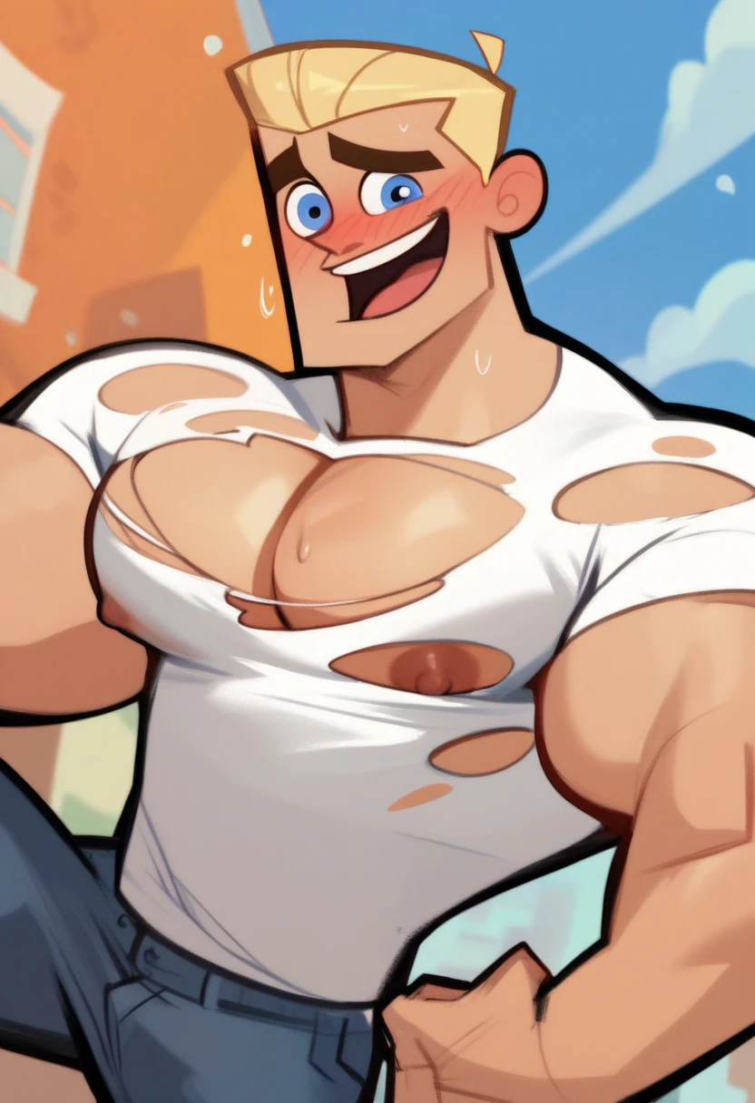 dashdp, 1boy, blonde hair, blue eyes solo solo male ripped shirt big pecs embarrassed at school with people laughing at him