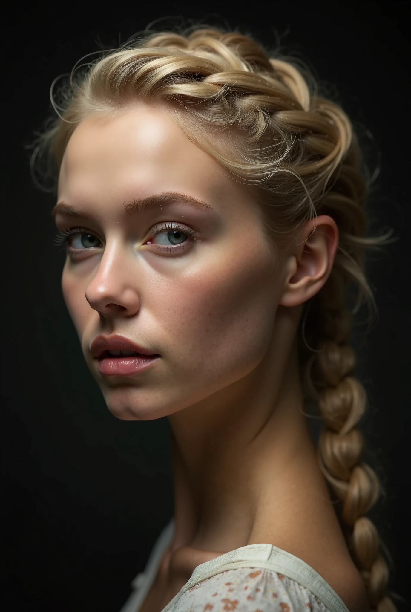 an eye contact of a totally naked blond with bun hair and dark theme, extremely suggestive strongest eroticism