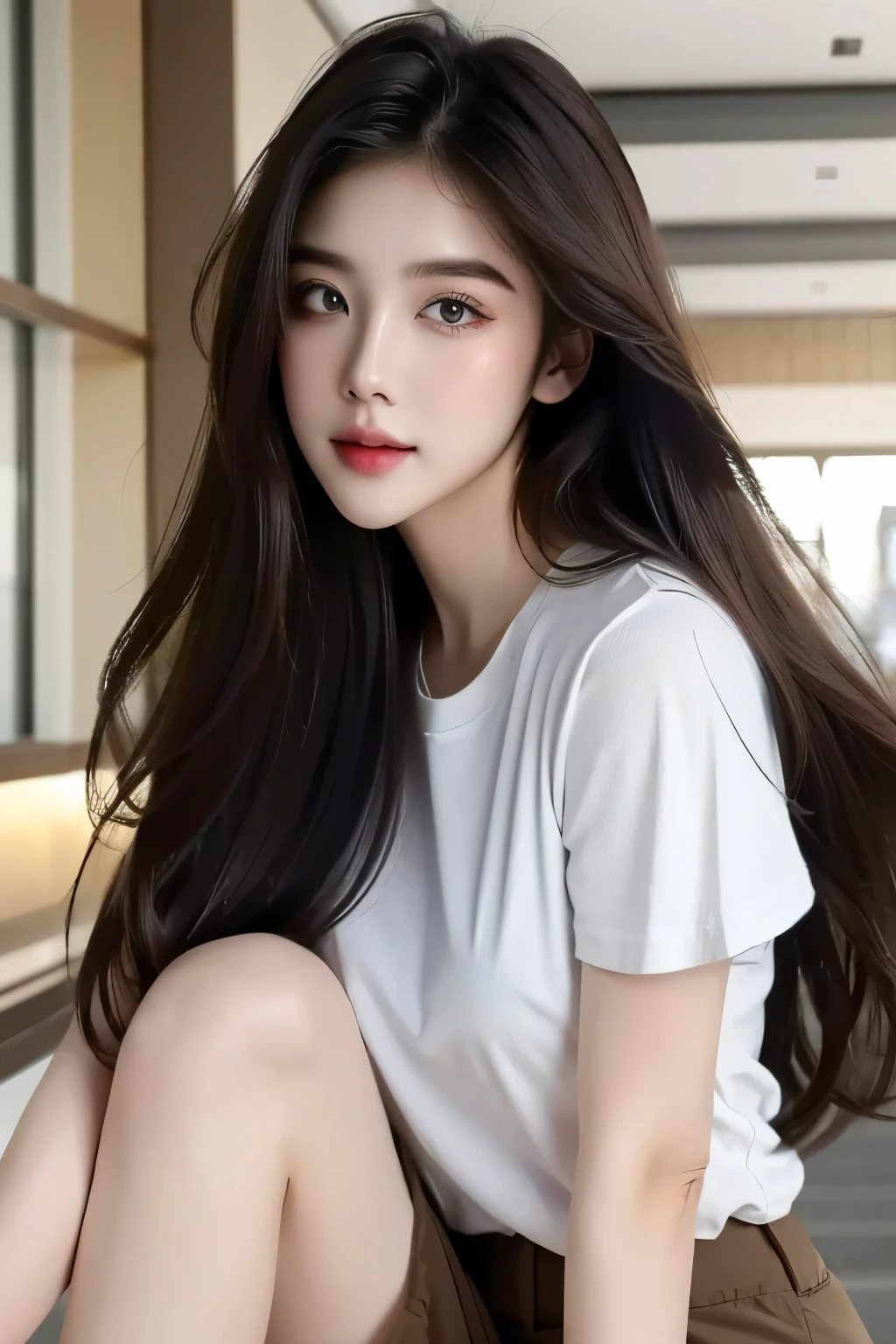 ((Masterpiece, high resolution, ultra detailed, 8k, raw photo)), 1 girl, graceful, soft skin, perfect face, perfect eyes, brown hair, long hair, tight t-shirt and pants, pale skin, calm pose, in the mall shop