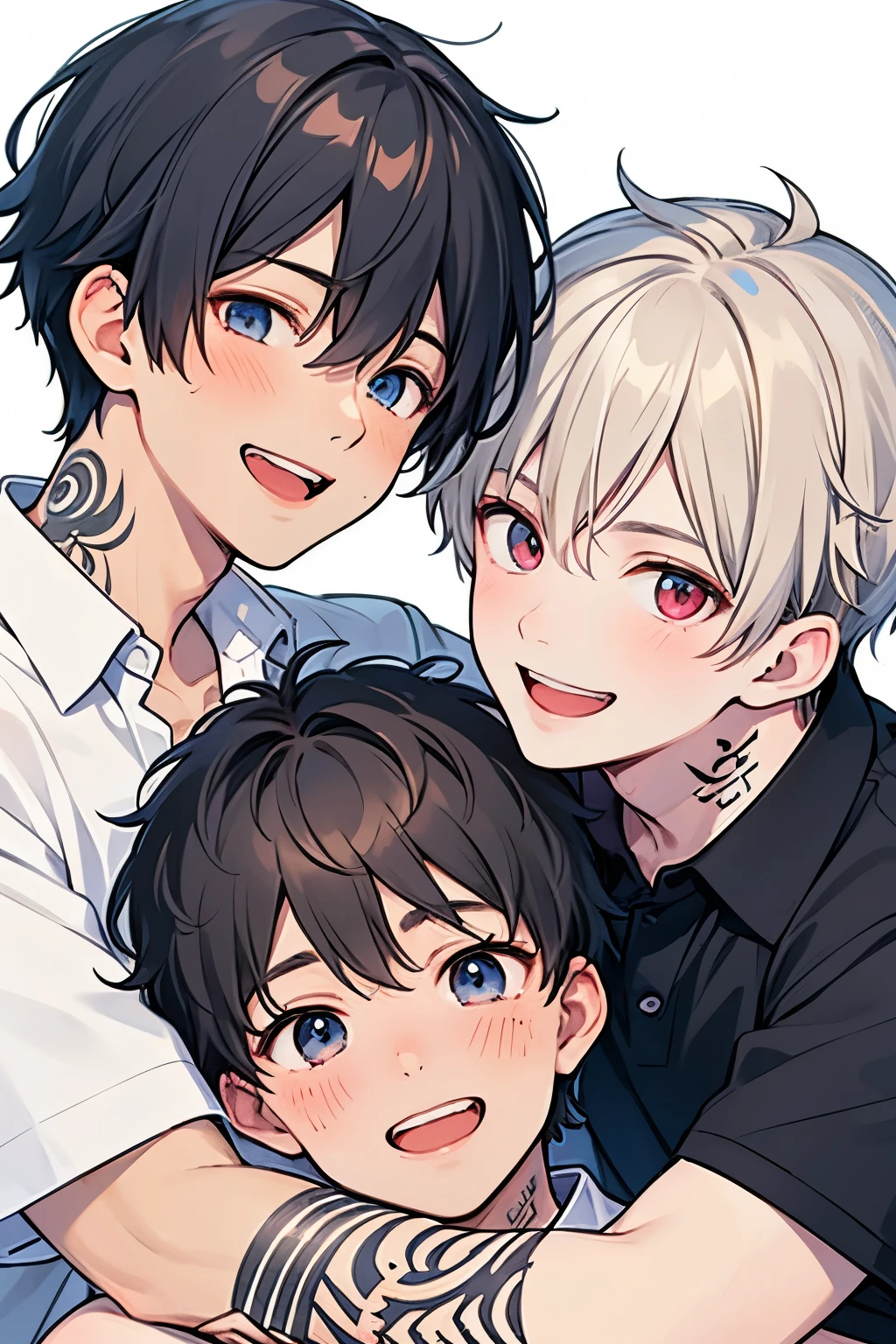 Wine Red Hair, black hair, for men, medium hair with visible tattoos ,Red Eyes , dark blue eyes,Beautiful Boy, skinny, Multiple Boys, 2 boys, , Yaoi,close up Face,Grinning face,(American taste:1.0),