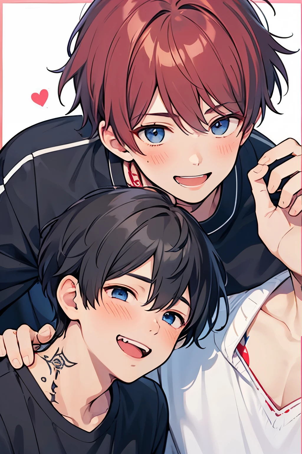Wine Red Hair, black hair, for men, medium hair with visible tattoos ,Red Eyes , dark blue eyes,Beautiful Boy, skinny, Multiple Boys, 2 boys, , Yaoi,close up Face,Grinning face,(American taste:1.0),