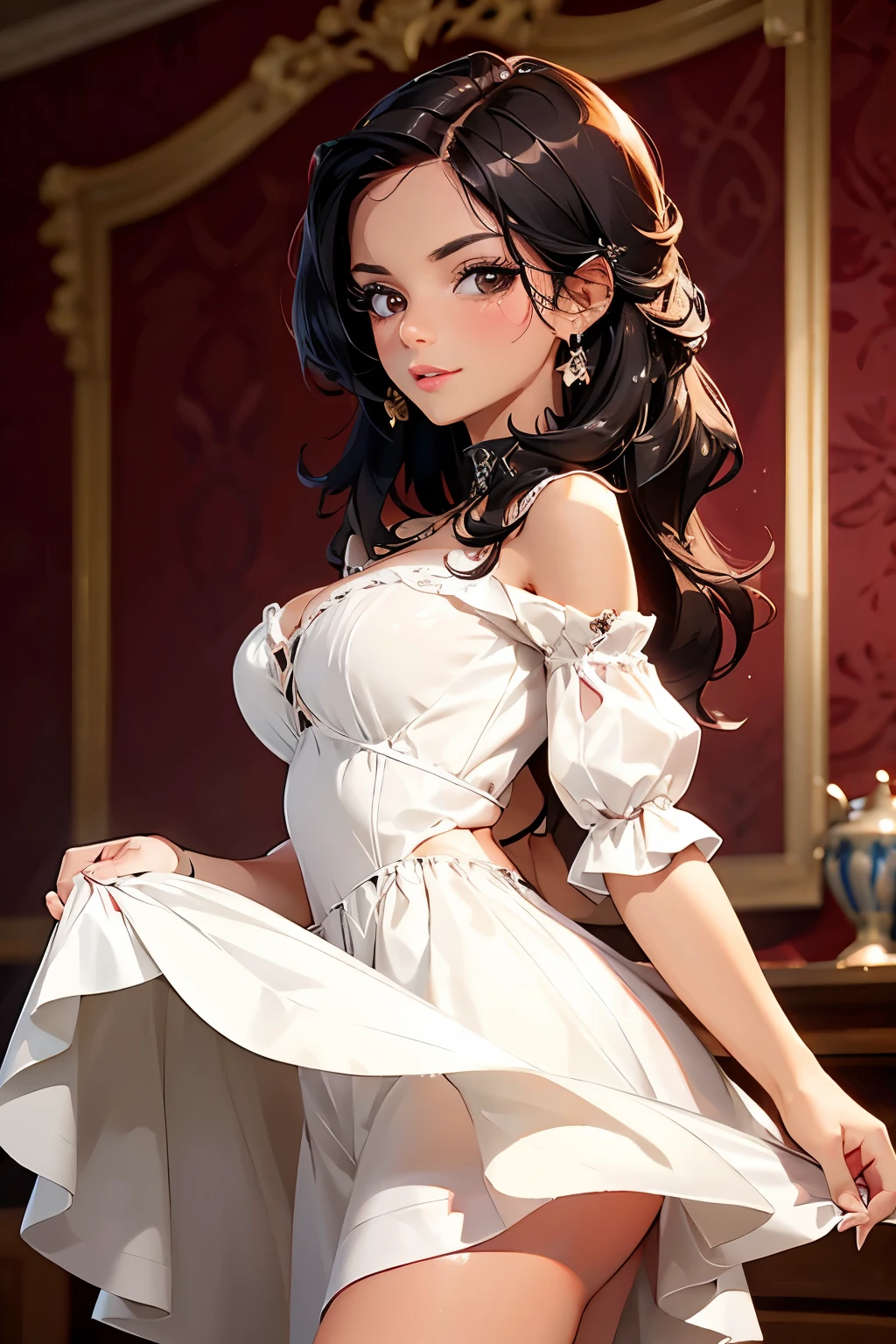  Beautiful woman . 28 years old . Romanian  .   Height 173 centimeters .  chest size 4  .  black hair .  brown eyes .  Wearing a light dress .  smiles sweetly . 