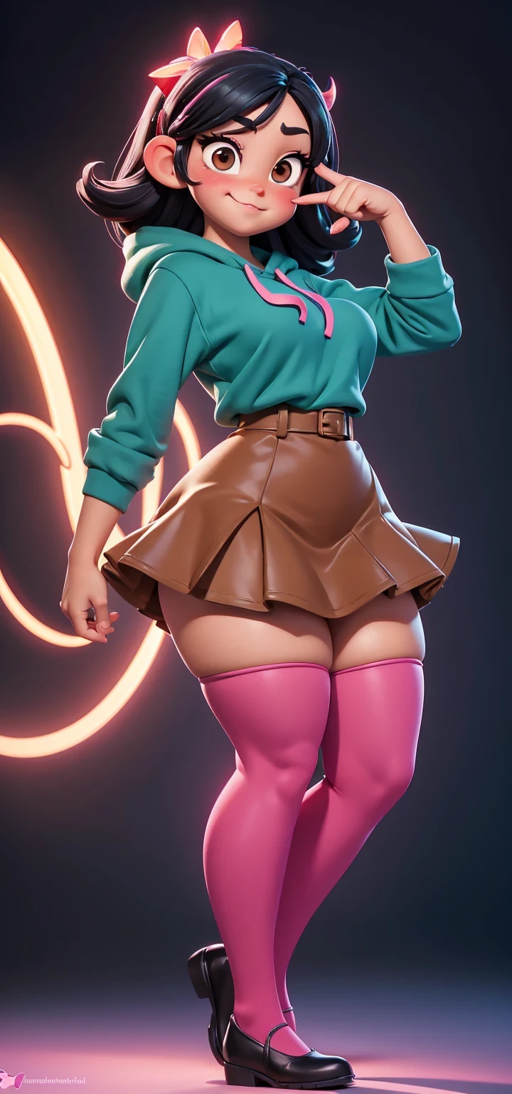 Full body view, adult, (best quality:1.4),(shiny skin), body focus, (cute face), (((best quality))), illustration, adult, full body view, ((Beautiful Finger)), , Beautiful body, Beautiful character design, ,perfect lighting, Colorful, Bright_Front_face_Lighting, ultra high res, highres, absurdres:1.2, bokeh:1.2, lens flare, huge breasts, tall, long curvy legs, stockings,(vibrant_color:1.2), , (thick thighs:1.3), THICK, Black hair with colored sprinkles, red stockings, teal hoodie, large brown eyes,perfect ears, pink blush on cheeks, content expression, skirt, adult Vanellope von Schweetz, 16 years old.