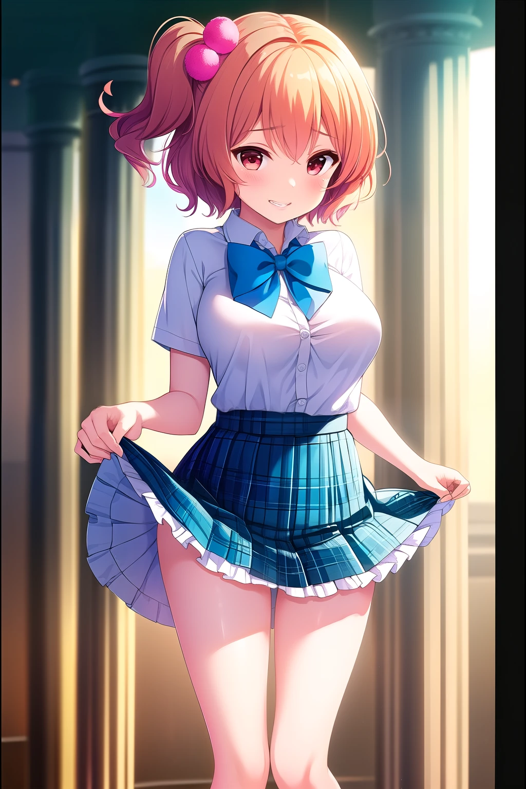 (Masterpiece, best quality ), highly detailed background , perfect lighting best quality , tomuramichiru, Alone, indoor, classroom, orange hair, One side up, PINK HAIR BOBBLE , hair between eyes, short hair while on a business trip, RED EYES, medium boobs, (Blue Bowtie:1.3), white shirt, Short sleeve, BLUE SKIRT, plaid skirt, (Hands grabbing skirt:1.4)、( skirt lift up sandwiched between columns:1.5)、Thin white thighs , ( white knee socks)、 school uniform, grinning、 pink lips,