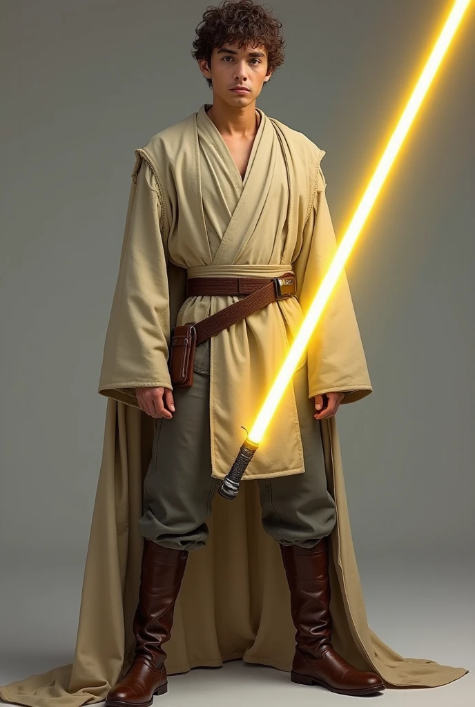 

 A teenager appears dressed as a Jedi ,  inspired by the characters of the Star Wars .  He wears the classic Jedi tunic ,  a long, light brown cape that falls to his ankles ,  made of a fabric that seems heavy ,  but fluid , allowing freedom of movement. Below,  wears a unique interior in beige tones with a wide brown leather belt dark ,  that adjusts the clothing to the waist .  The pants are a darker brown color and are tucked inside medium-height leather boots ,  in a classic Jedi costume style .

In his right hand,  holds a DL-44 Blaster ,  Only in the .  The blaster has a robust and metallic design ,  with visible details of wear ,  as if it had been used in numerous battles .  The barrel is long and in its upper part it has a rudimentary sight ,  film saga reflecting the retro-futuristic aesthetic of weapons in Star Wars .  Although it is a blunt weapon ,  the adolescent Han handles the iconic gun he uses with skill and confidence ,  firmly as if you were used to using it .

In his left hand,  wields a lightsaber ,  another classic weapon from the .  The metal handle of the sabre shines with chrome details ,  and from it emerges a blade of brilliant energy .  The color of the blade may vary between the iconic greens ,  blue or even dark red ,  depending on his alignment with the Force . El resplandor d the lightsaber  ilumina parcialmente el rostro del adolescente,  giving it a mystical and powerful air .  franchise The blade vibrates slightly in the air ,  emitting a characteristic low buzz .

 Despite the mixture between a firearm  (The blaster )  and a weapon of mystical energy  ( the lightsaber ),  the adolescent moves fluidly ,  franchise as if both weapons were natural extensions Of him .  Its expression reflects calm ,  but with a firm determination ,  like a Jedi warrior ready to face both the dangers of outer space and personal challenges.

