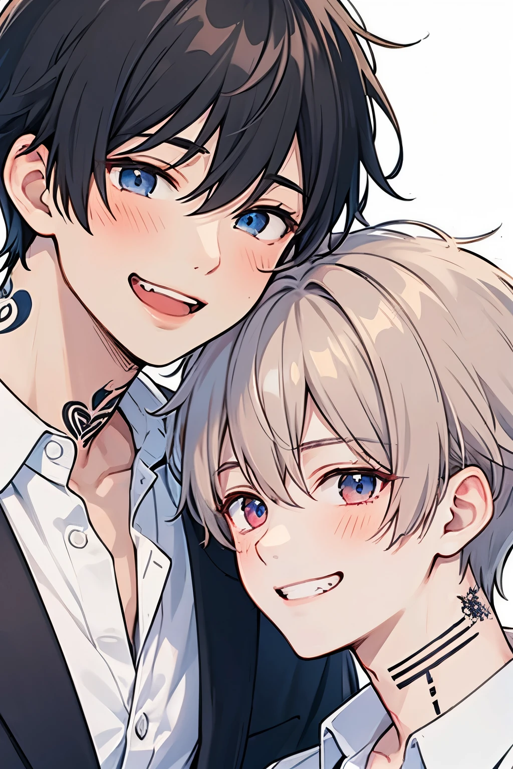Dark Red Hair, black hair, for men, medium hair with visible tattoos ,Red Eyes , dark blue eyes,Beautiful Boy, skinny, Multiple Boys, 2 boys, , Yaoi,close up Face,Grinning face,(American taste:1.0),