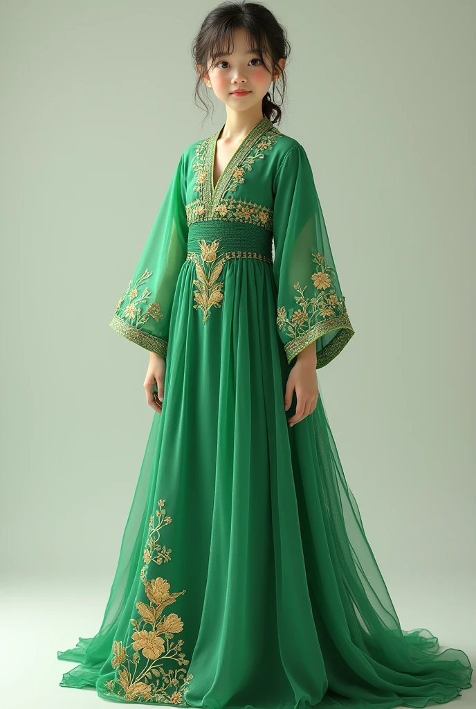 smiling woman wearing a green and yellow head scarf and a turban, iranian, arab, with a orientalist smileful face, genghis khan-mutahar-mandy moore-paz vega-madeline zima-eugenia volodina-helga lovekaty-nicole sakura-sophie marceau-ashley hebert-renee zellweger-arlym broche-isabelle adjani-katrina kaif merged, entire body visible, full body, hyperrealistic, real human skin, best quality, 8K, masterpiece, extremely intricate, detailed eyes, detailed face, detailed body, exaggerated features, pronounced features, fujifilm, wearing traditional clothing