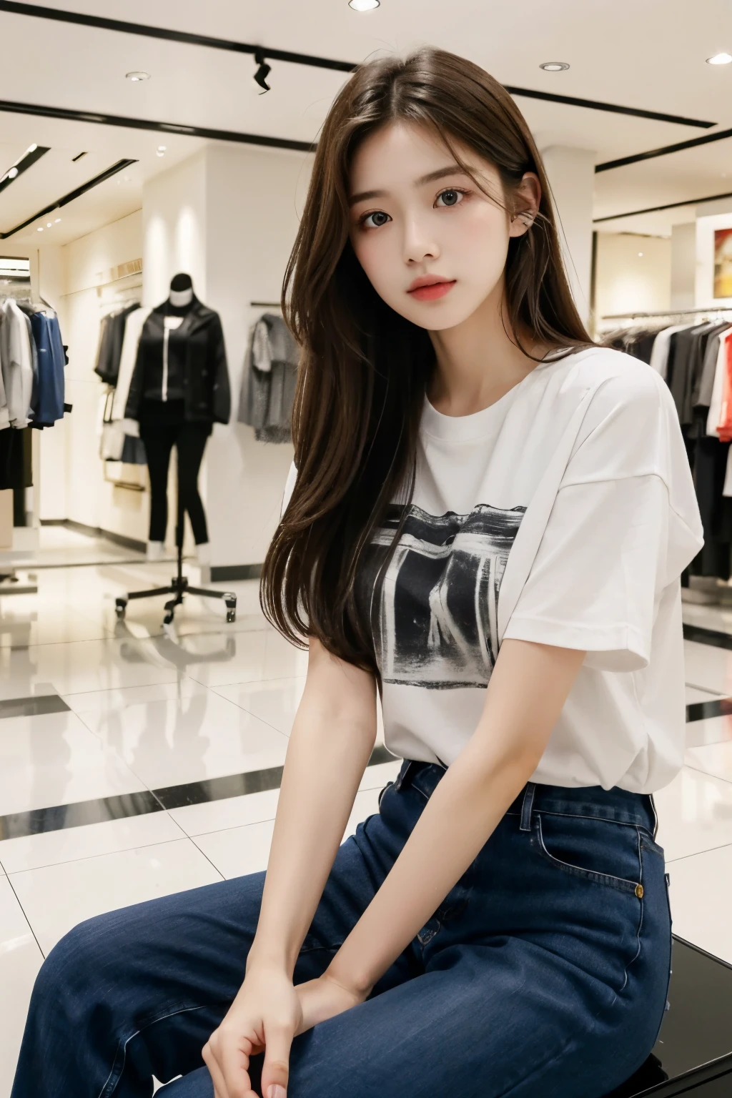 ((Masterpiece, high resolution, ultra detailed, 8k, raw photo)), 1 girl, graceful, soft skin, perfect face, perfect eyes, brown hair, long hair, tight t-shirt and pants, pale skin, calm pose, in the mall shop