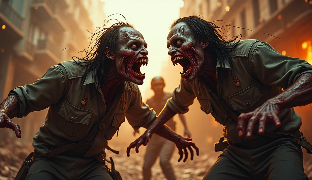 One man hiding back on the wall . Look a zombie chasing a human, human's scared face, zombie biting the human, best quality, 4k, 8k, highres, masterpiece:1.2, ultra-detailed,klcc background . Malaysia. Malay people. Malay face.. realistic, photorealistic, photo-realistic:1.37, horror, dark, gritty, moody lighting, dramatic lighting, cinematic, intense colors, gloomy, ominous atmosphere, detailed zombie features, gruesome zombie biting, terrified human expression, detailed skin textures, sharp focus, physically-based rendering, extreme detail description, professional. Bombings everywhere. Fire place .