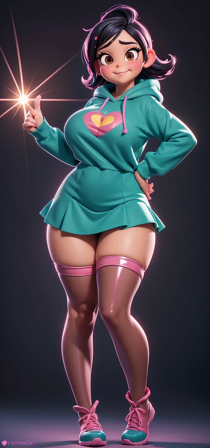 Full body view, adult, (best quality:1.4),(shiny skin), body focus, (cute face), (((best quality))), illustration, adult, full body view, ((Beautiful Finger)), , Beautiful body, Beautiful character design, ,perfect lighting, Colorful, Bright_Front_face_Lighting, ultra high res, highres, absurdres:1.2, bokeh:1.2, lens flare, huge breasts, tall, long curvy legs, stockings,(vibrant_color:1.2), , (thick thighs:1.3), THICK, Black hair with colored sprinkles, red stockings, teal hoodie, large brown eyes,perfect ears, pink blush on cheeks, content expression, skirt, adult Vanellope von Schweetz, 16 years old.