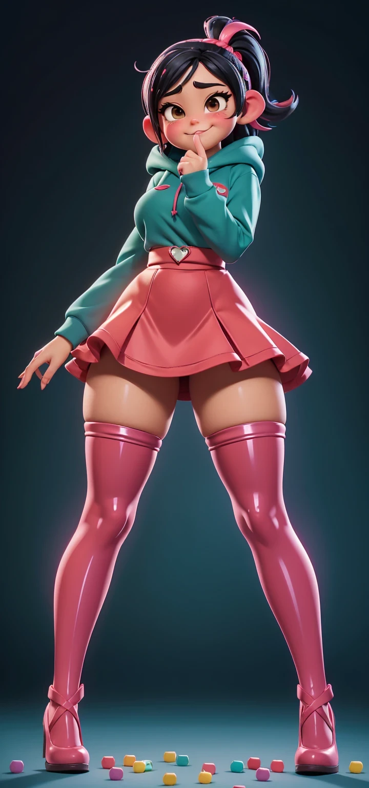 Full body view, adult, (best quality:1.4),(shiny skin), body focus, (cute face), (((best quality))), illustration, adult, full body view, ((Beautiful Finger)), , Beautiful body, Beautiful character design, ,perfect lighting, Colorful, Bright_Front_face_Lighting, ultra high res, highres, absurdres:1.2, bokeh:1.2, lens flare, huge breasts, tall, long curvy legs, stockings,(vibrant_color:1.2), , (thick thighs:1.3), THICK, Black hair with colored sprinkles, red stockings, teal hoodie, large brown eyes,perfect ears, pink blush on cheeks, content expression, skirt, adult Vanellope von Schweetz, 16 years old.