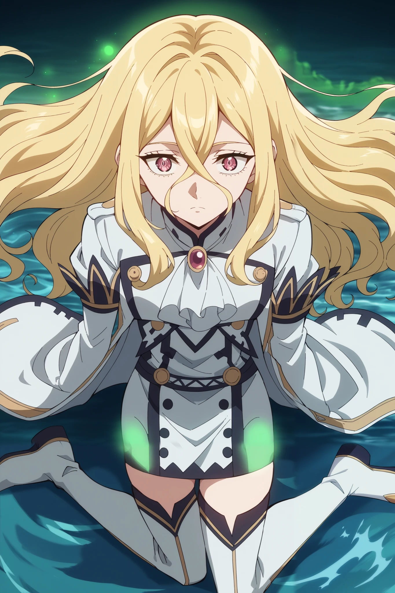 score_9, score_8_up, score_7_up, score_6_up, score_5_up, blonde face to the viewer, 1 girl , long-haired blonde, fragile, slim, long blond golden hair develops in the wind, bangs on the forehead, hair between eyes , raspberry eyes , dark pink eyes , warm white jacket , modern , club leather mini skirt , warm tights , white thigh high boots , medium sized chest , pressed her hands to her chest , light in the hands , thin waist, slender legs , full size style , girl has a green aura , green glow , huge sea wave , huge wave behind , 🌊🌊🌊, Sea water, wave obscures the sun , wave background
Masterpiece , high resolution, Accuracy, best quality , Сверх high resolution , bottom view.