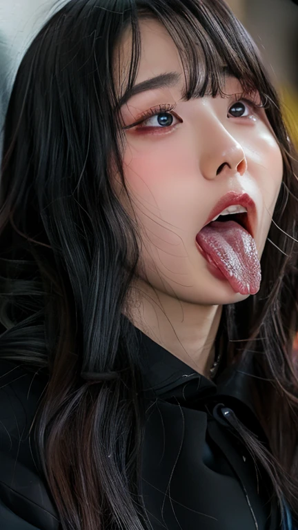 reddit,r/bdsm,face Close-up,photo of a sexy Korean woman,Tongue out,face,Detailed pupils,skin texture,From front,Detailed eyes,sexy, seductive,collar,detailed tongue