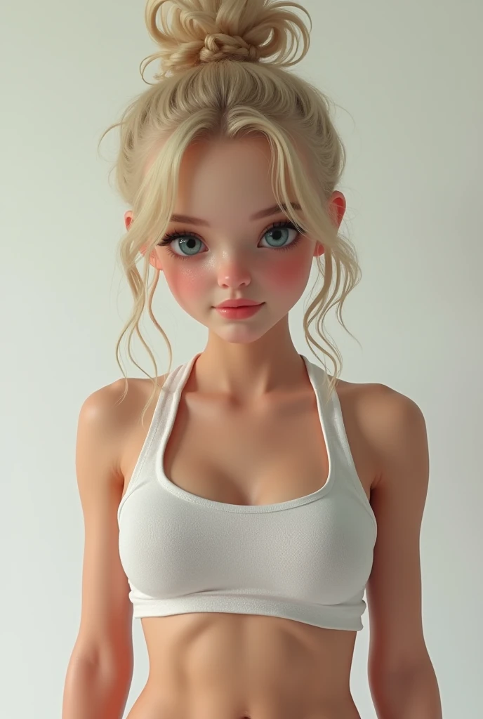 one girl, solo, (abs:1.2), slender body, fit body (upper body, bust:1.2), (black eyes:1.3), blonde hair, (two cute braids:1.2), (bare shoulders:1.2), masterpiece, highly detailed, look at viewer, front view, (small breasts, tiny breasts, male chest, exposed breasts, deep cleavage:1.5), (transparent white tank top, wet tank top, choker:1.4), (studio lights, blured background, glowing edges of image, shiny blured background, gradient sprayed background, colorful background:1.3), expressing joy, (nipples:1.1)