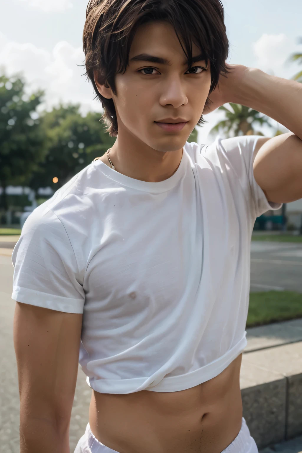 A teenage boy with chocolate brown hair, and dark, perky-shaped eyes, encistado no muro da school all pissed off, He is wearing a loose white t-shirt and light denim cargo pants, he has a good body care, with a triangular shaped face, He doesn't have a beard, but he has a little mustache, he has a beautiful smile, and a neutral white skin, he is already a teenager and he is tall, with the center part mullet haircut, He is very tall