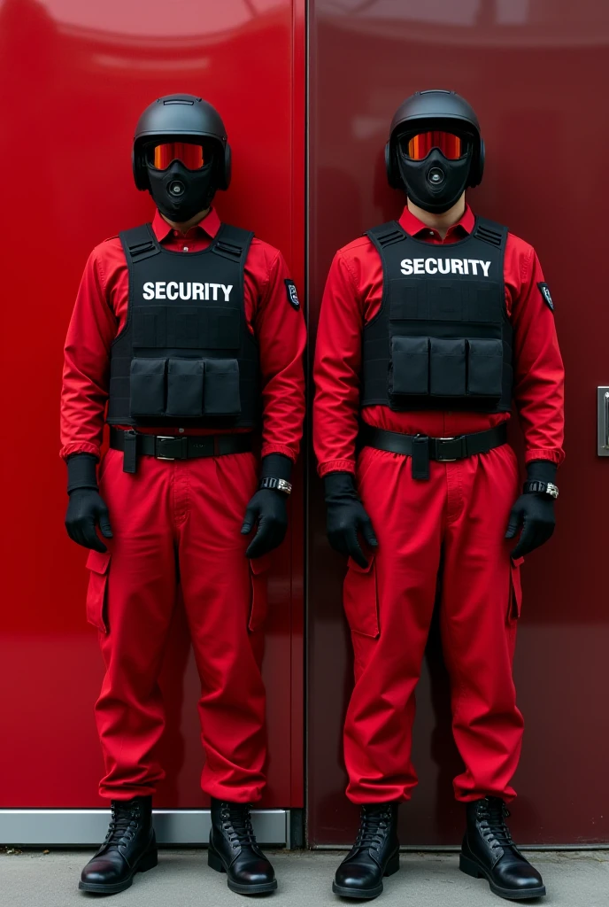 a person looking in the mirror wearing black work clothes with safety shoes and the word engineering written on the back of his clothes, but the reflection of the mirror is a person wearing a black balaclava with a weekend offender jacket and adidas barrowland spzl shoes