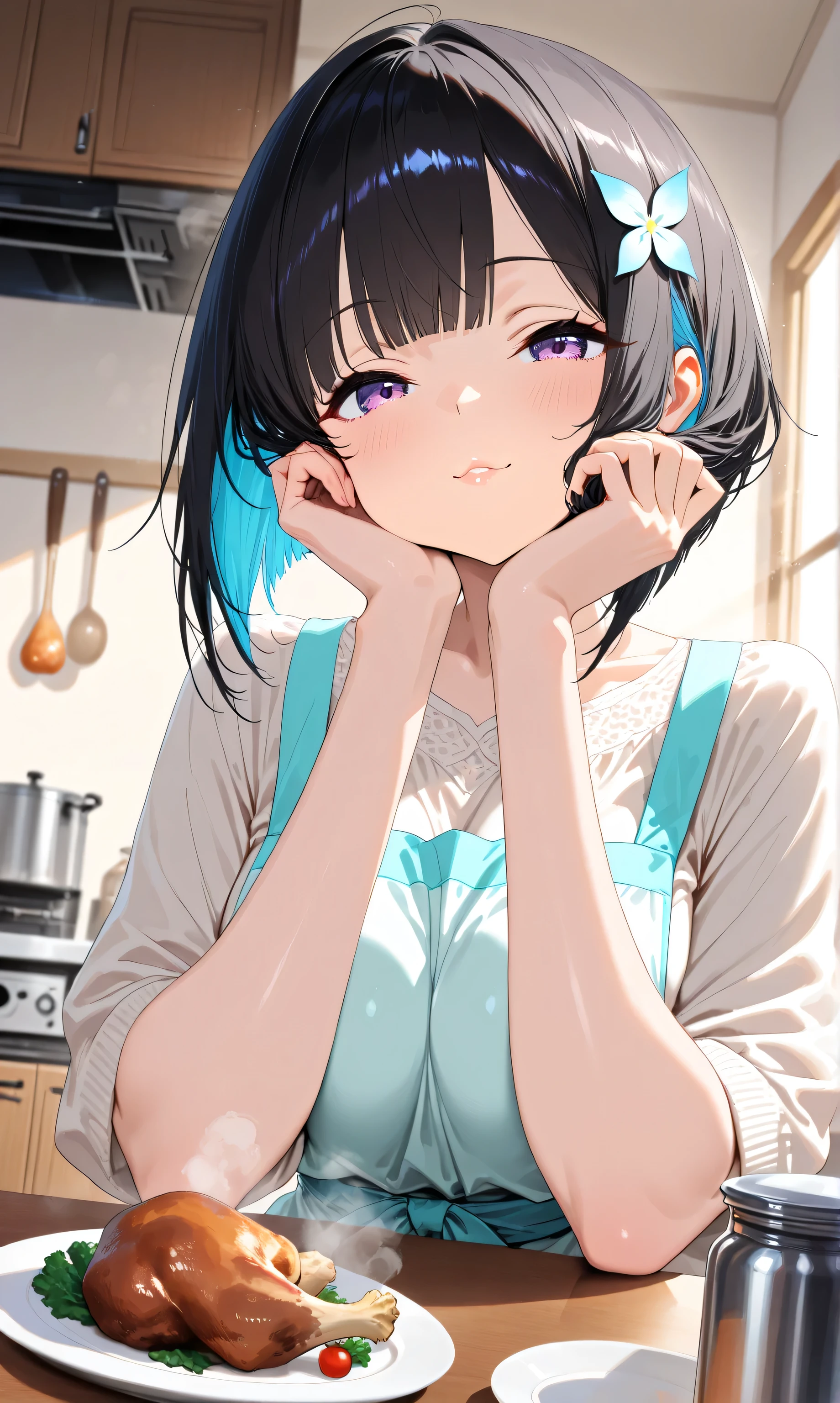 nsfw,Sweat,White Breath,Demon slayer,Shinobu Kocho,,sit,room,View from above,Joyful expression,Sheer T-shirt
