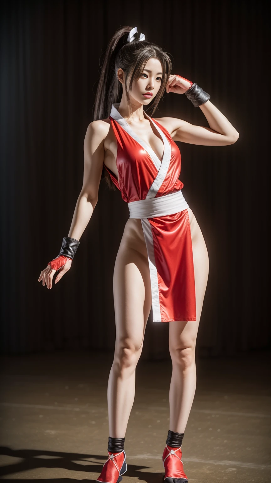 (mai shiranui:1.6), (tabi:2.0), (toe:1.2), (Full body portrait:2.0), Full body, (Realism), (masutepiece:2.0), (Best Quality), (ultra-detailliert), (8K, 4K, Convoluted), (Flat Lighting:1.2), (skinny), Prestige, Brown eyes, Long hair, brown eyes, long hair, brown hair, white ribbon, sleeveless, ponytail, sash, pelvic curtain, arm guards, gloves, tabi, fascinated expression, Sexy eyes, slim, medium breasts, Smile, Cute, view the viewer, Long hair, Close to Japan temple, (breasts focus:1.2), (Realistic:1.2), (Full Shot: 1.2), (85 mm), light Particle, Lighting, (Highly detailed:1.2), (Detailed face:1.2), (gradients), SFV, Colorful, (Detailed eyes:1.2), (Detailed temples of Japan: 1.2),(Detailed background), (Dynamic Angle:1.2), (Dynamic Pose:1.2), (Line of action:1.2), Wide Shot, Daylight, Solo.