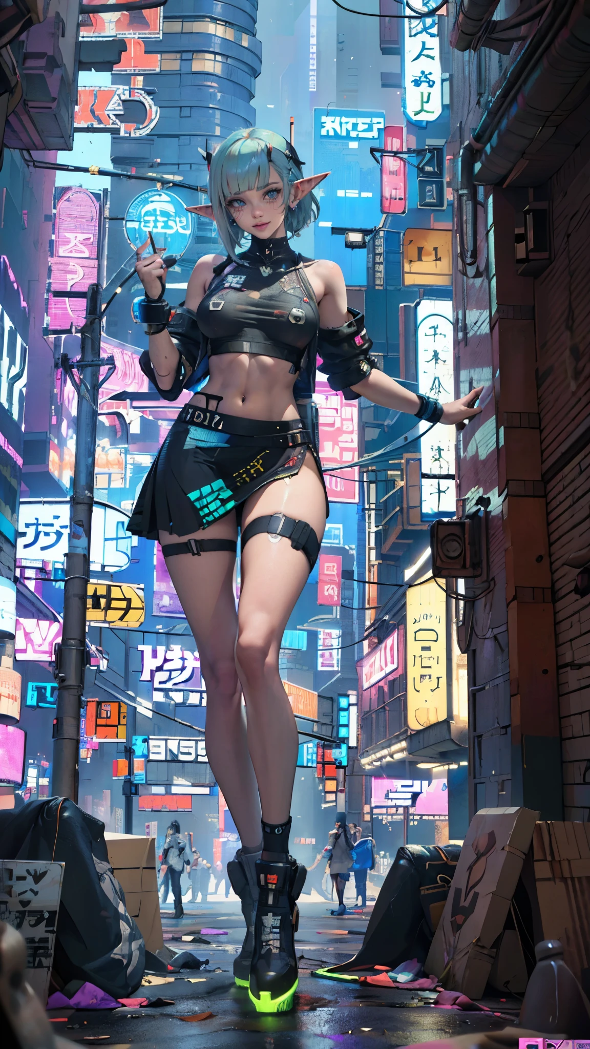 a girl, beauty elf, cool posing, extremely beautiful, strong gaze, whole body shot, shoot from below, (extremely detailed face, closeup, detailed eyes), mischievous smile, cheerful, fair skin, detailed skin, graduation color hair , blunt bangs , perfect figure, seductive body, (beautiful skinny legs, slim thigh ), ((cyberpunk tops and skirt, blue and white cyberpunk clothing, cyberpunk tops:triangle shaped hole on her chest, thight middle skirt, visible thong straps, (additional future technology gear, neon lighting , glimmer), )), (ultra extremely intricate cool design , detailed description of cyberpunk style), masterpiece, the top quality, ultra detailed, Uncompromising pictures, masterpiece, incredibly Absurdres, Highest quality, Perfect Anatomy, 8k, realistic photo, totally realistic, studio lighting, in the cyberpunk city, glowing lighting, advertisements signs, cyberpunk city background, ((night, night sky)), cyberpunk