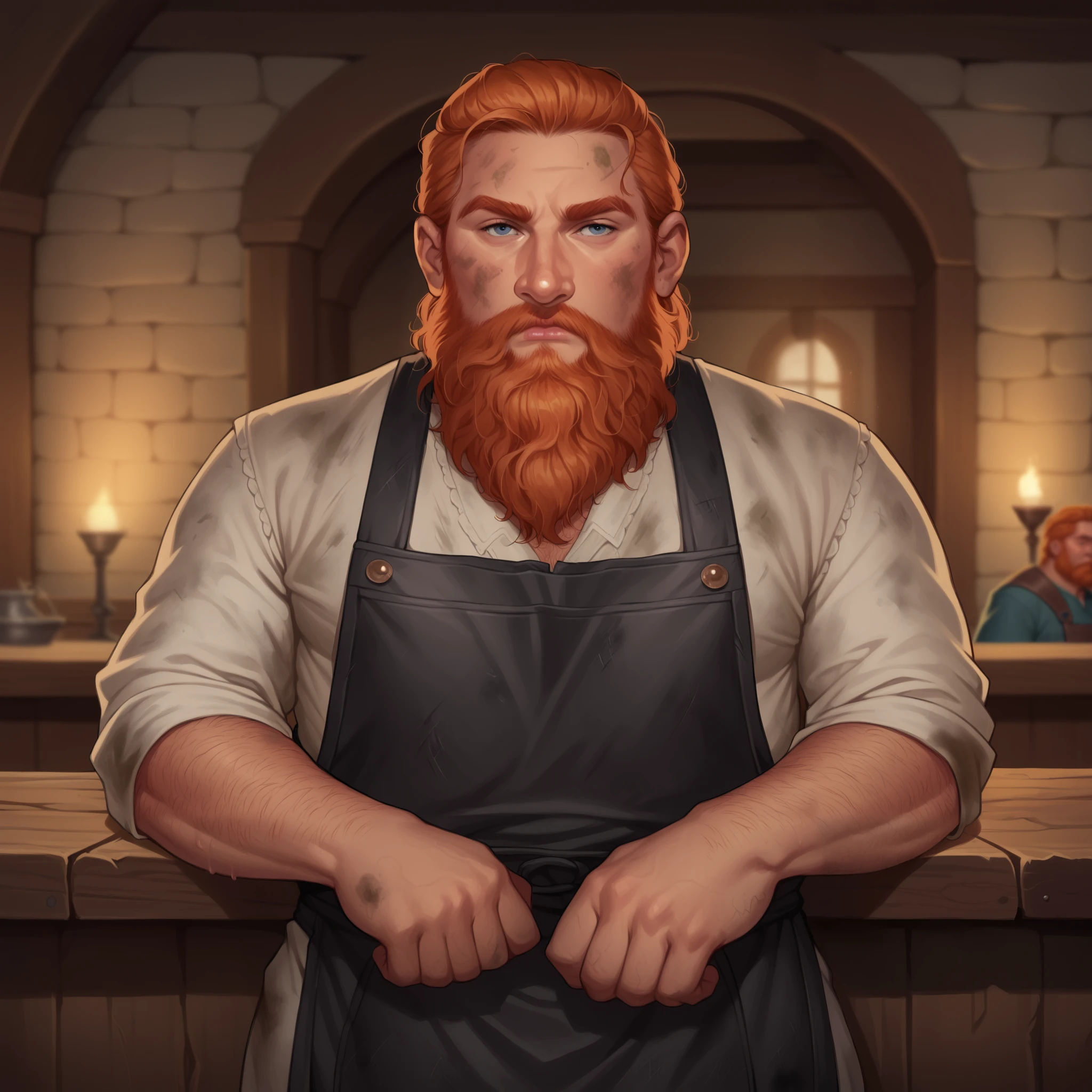 (((beautiful, high quality, comics style, detailed face))), score_9, score_8_up, score_7_up, BREAK, 1man, mature male Dwarf, 50-year-old, short stature, big nose:1.1, ginger, bearded, hairy body, front view, bored, tan skin, blacksmith, rustic tunic, black leather apron, dirty, frayed fabric, fantasy tavern, blurred background, DeepNegative_xl_v1, detailxl, zPDXL3
