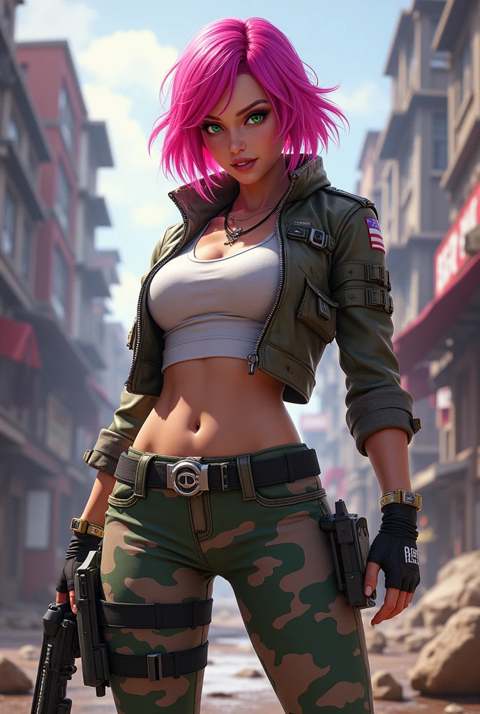 Nijistyle, uma garota furiosa como Tank girl, using a apocalíptico cloth, shorts curtinho com cinta liga, joelheiras, luvas camiseta curta mostrando a barriga a parte de baixo dos seios, cyberpunk do deserto, armas na cintura, tank de guerra, Tank girl, tatuagens, ((( cabelos moicanos coloridos ))), funny with a mocking smile