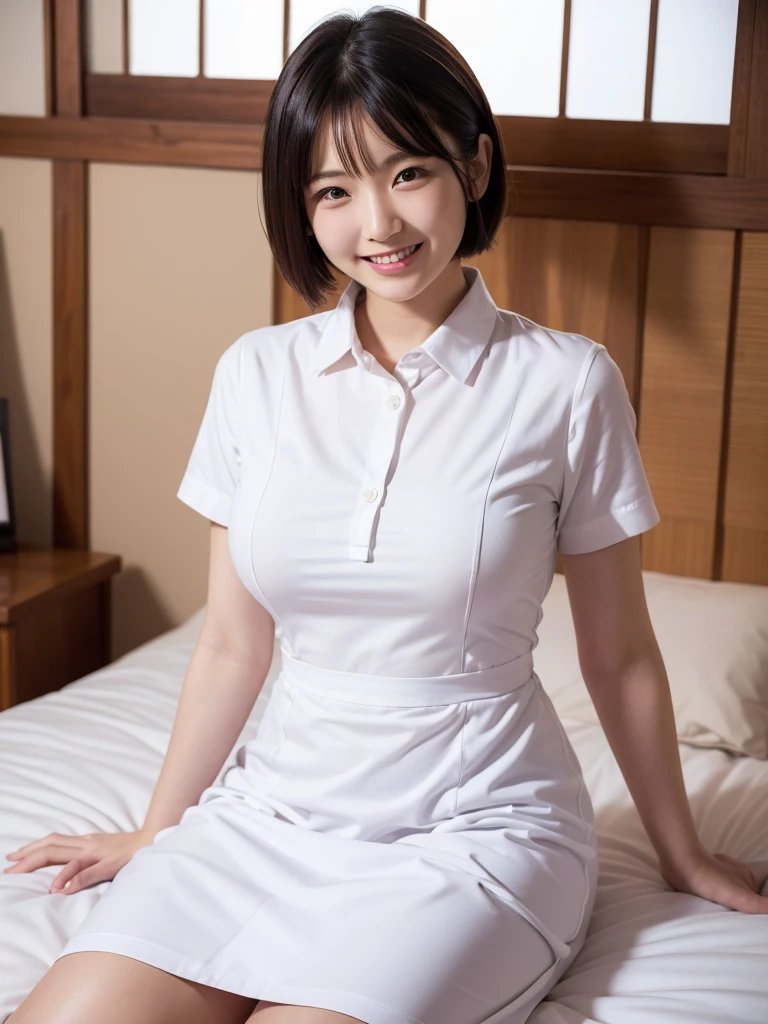 masterpiece, highest quality, (Seductive saleswoman:1), ((Portraiture:1.3)), smile,Nurse uniform , Hyper detail on skin, Cleans pores,Stick your butt out, White Lace Stockings,Beautiful young Japanese MILF, 40 years old, Perfect Face, Looks great, (Detailed facial features), Clean and nice face,Big Breasts