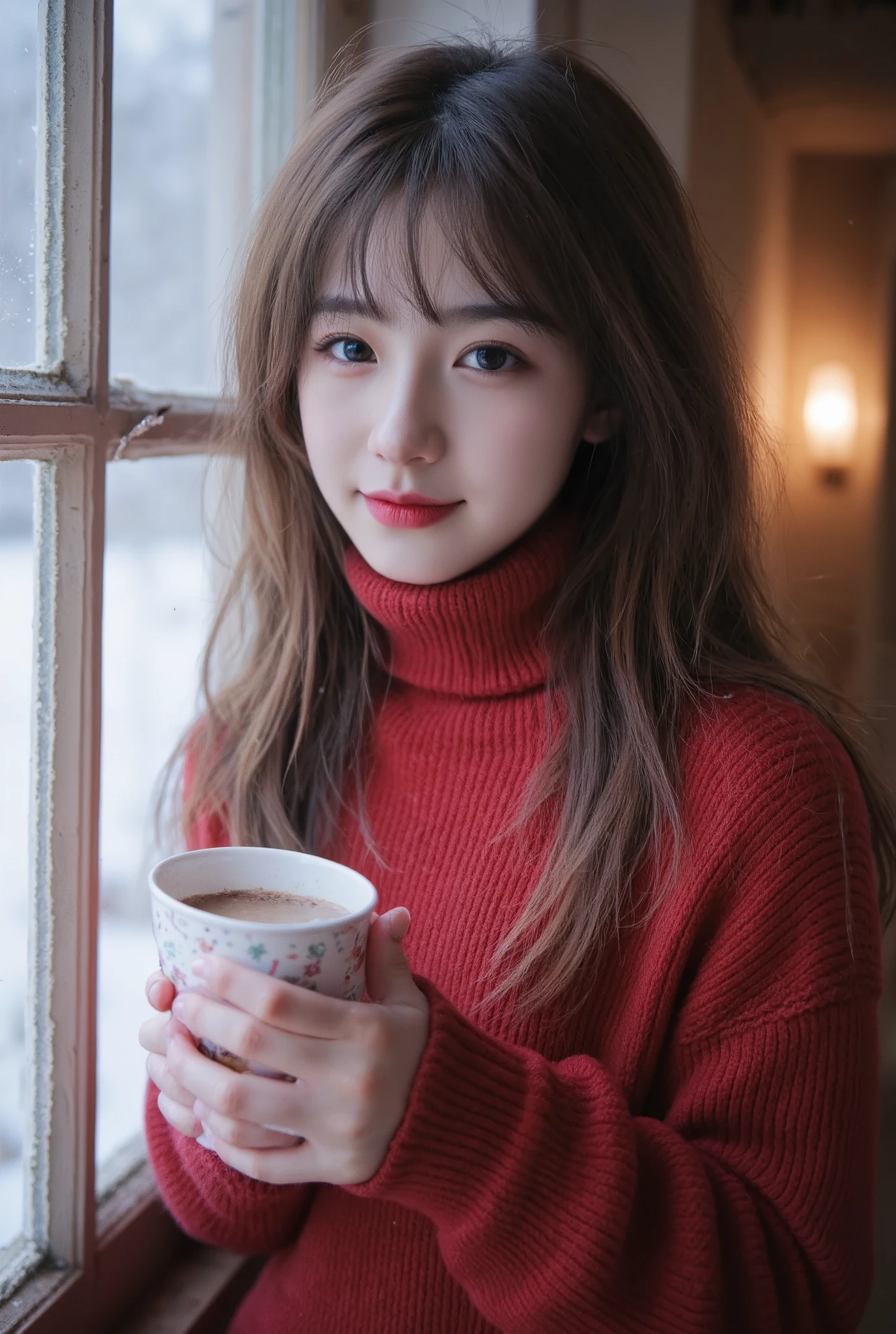 (,fireplace, beautiful eyes drawn down to the smallest detail, lips with beautiful details, highly detailed eyes and face ,long eyelashes, 1 girl,Alone, best quality ,Masterpiece, smiles, happy, holding the score {x} holding a {x} hot chocolate cup, wearing a red knit sweater , Standing by the window holding the score ,Admiring the snowy landscape outside , from the frost-patterned window , wooden floor , Soft, warm lighting , indoor,illustration, best quality ,4K,8k, high resolution,Masterpiece:1.2, more details, realistic,photo realistic,photo- realistic:1.37, high resolution,超 high resolution, studio lighting ,Fine painting, sharp concentration on that detail, physics-based rendering , Extremely Detailed Explanation , professional, vibrant colors,Bokeh, Cozy Atmosphere ,Heartwarming,traditional christmas ,Red and green tones),