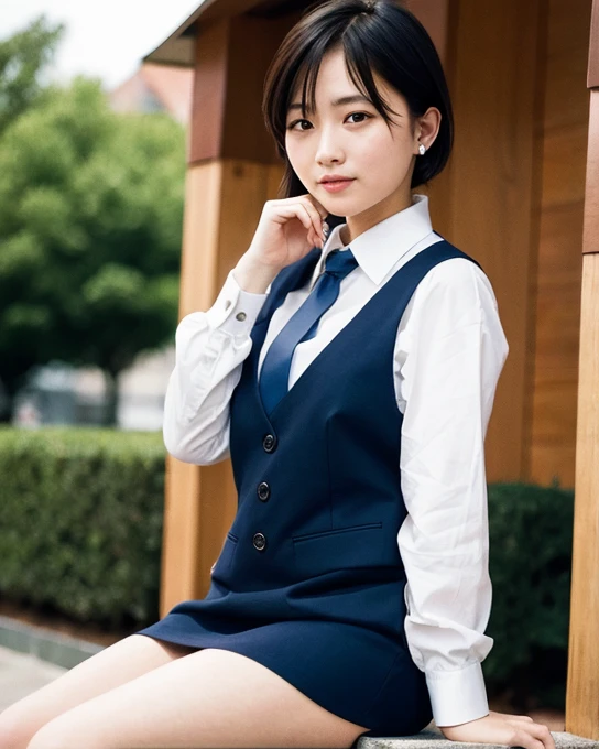 modest breasts, navy blue tie, navy blue skirt, light blue shirt, gravure idol, waterside, wet, smile