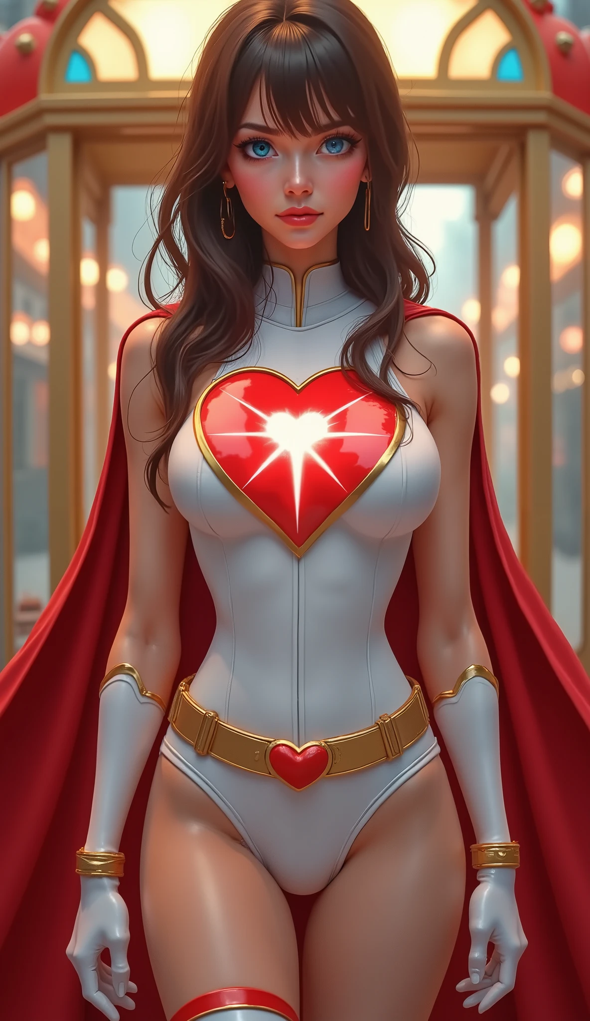 A SEXY YOUNG BRUNETTE FEMALE WITH BLUE EYES WEARING A WHITE LEOTARD WITH A GIANT RED HEART EMBLEM WITH A PULSATING PULSAR STAR IN THE CENTER, RED PANTIES, WHITE GLOVES WITH GOLD TRIM, WHITE BOOTS WITH GOLD TRIM, A GOLD BELT WITH A RED HEART, AND A RED CAPE ATTACHED TO THE LEOTARD. 4K, 8K, CRYSTAL CLEAR IMAGE, INCREDIBLE DETAILS AND TEXTURES. SMOTTH GLOWING SKIN, CUTE YOUNG FACE, STANDING IN FRONT OF A KISSING BOOTH.