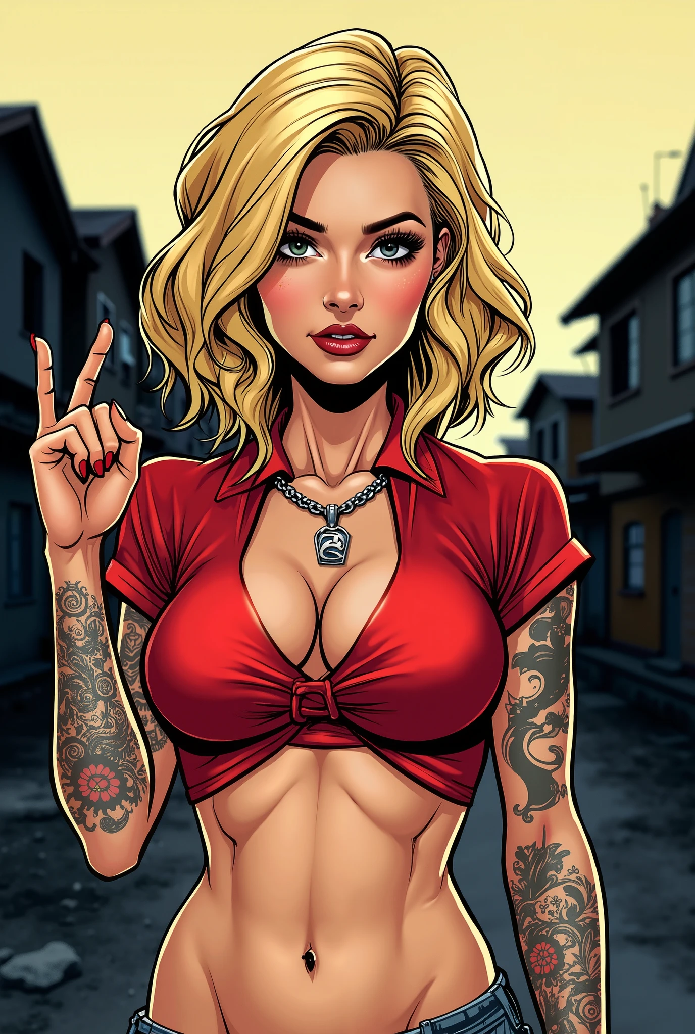 vampire,(night),blood,victorian,dress,artificial light,lamppost,docks,cleavage,hand on face,fangs,licking,freckles,bridge,body freckles,looking at viewer, harley quinn, gigantic fake 