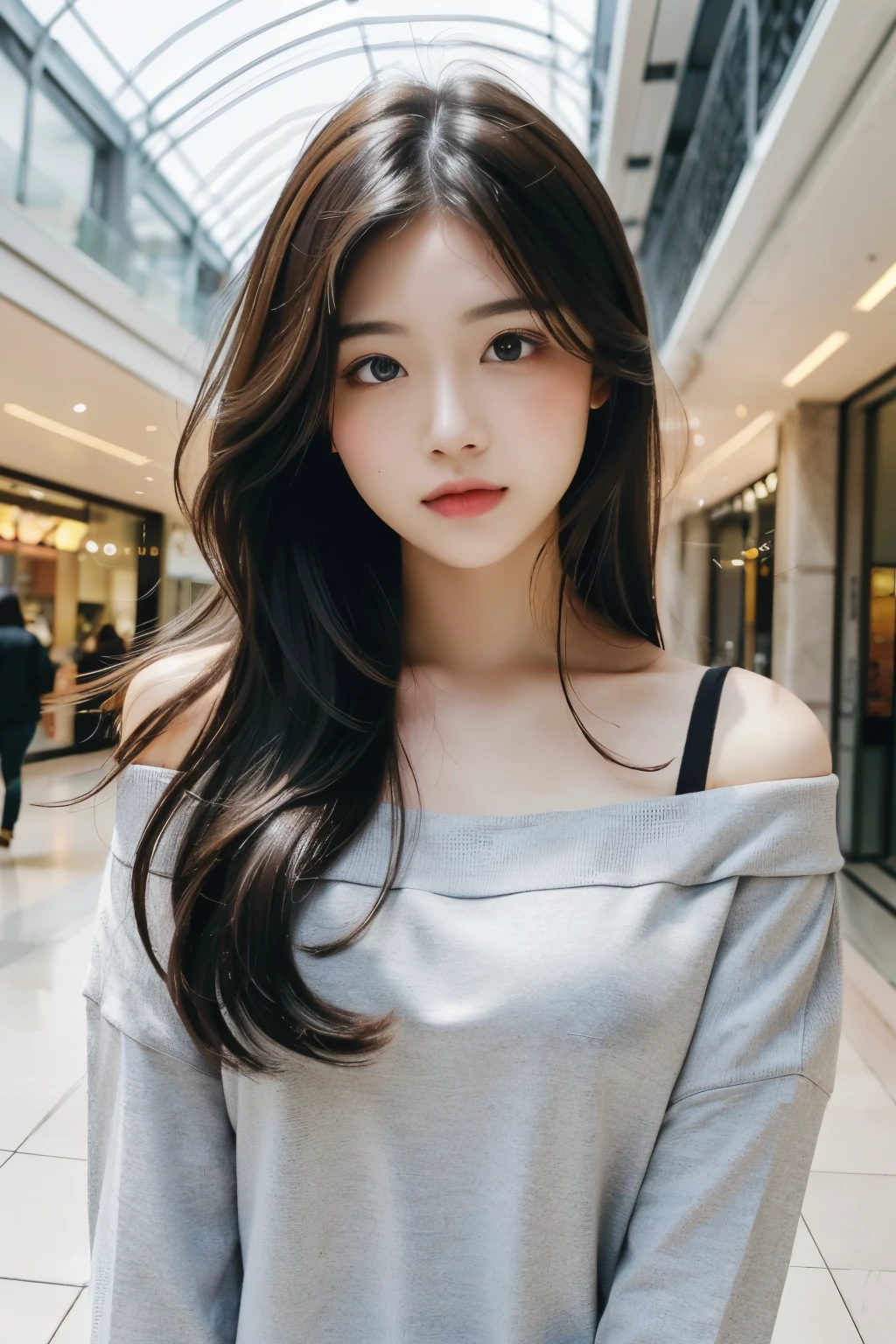 ((Masterpiece, high resolution, ultra detailed, 8k, raw photo)), 1 girl, graceful, soft skin, perfect face, perfect eyes, brown hair, long hair, long sleeved t-shirt,off shoulder, pale skin, good pose, in the mall shop