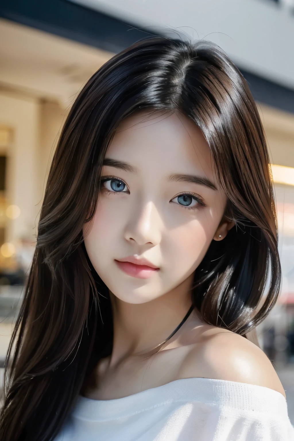 ((Masterpiece, high resolution, ultra detailed, 8k, raw photo)), 1 girl, graceful, soft skin, perfect face, perfect eyes, brown hair, long hair, long sleeved t-shirt,off shoulder, pale skin, good pose, in the mall shop