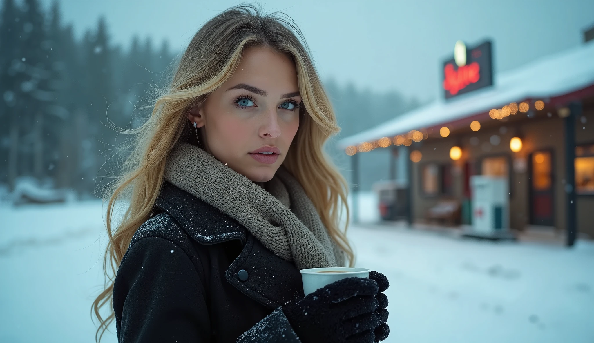 Create a cinematic character portrait of Julia, an absolutely stunning woman in her early 30s, standing in the lower left corner of the frame amidst a dramatic snowstorm in the icy Montana wilderness. Her dazzling blue eyes, deep and expressive, seem to invite you into her world, sparkling with intelligence and an undeniable allure. Her flawless, luminous complexion glows softly against the pale winter light, while her golden blonde hair cascades in sensuous waves, slightly tousled by the biting wind, framing her face with an effortless elegance.

Her full, perfectly shaped lips are naturally flushed from the cold, curving into a faint, enigmatic smile that hints at both confidence and mystery. Julia’s curvaceous figure is wrapped in a fitted wool coat that hugs her silhouette in all the right places, subtly accentuating her natural grace and feminine charm. The scarf draped around her neck adds an air of cozy sophistication while leaving just enough to the imagination.

She holds a steaming cup of coffee in her gloved hands, the delicate curls of vapor rising and mingling with the frosty air. A few strands of her hair fall over her collarbone, drawing attention to her graceful neckline. Behind her, a dimly lit gas station with a flickering neon sign stands as a solitary beacon in the snow, its warm glow contrasting with the cold, stark surroundings.

Julia’s presence is magnetic and irresistibly sensual, blending beauty, confidence, and an understated sexiness that commands attention. In the chaos of the storm, she stands as a vision of elegance and desire, leaving a lingering sense of intrigue and admiration in her wake.