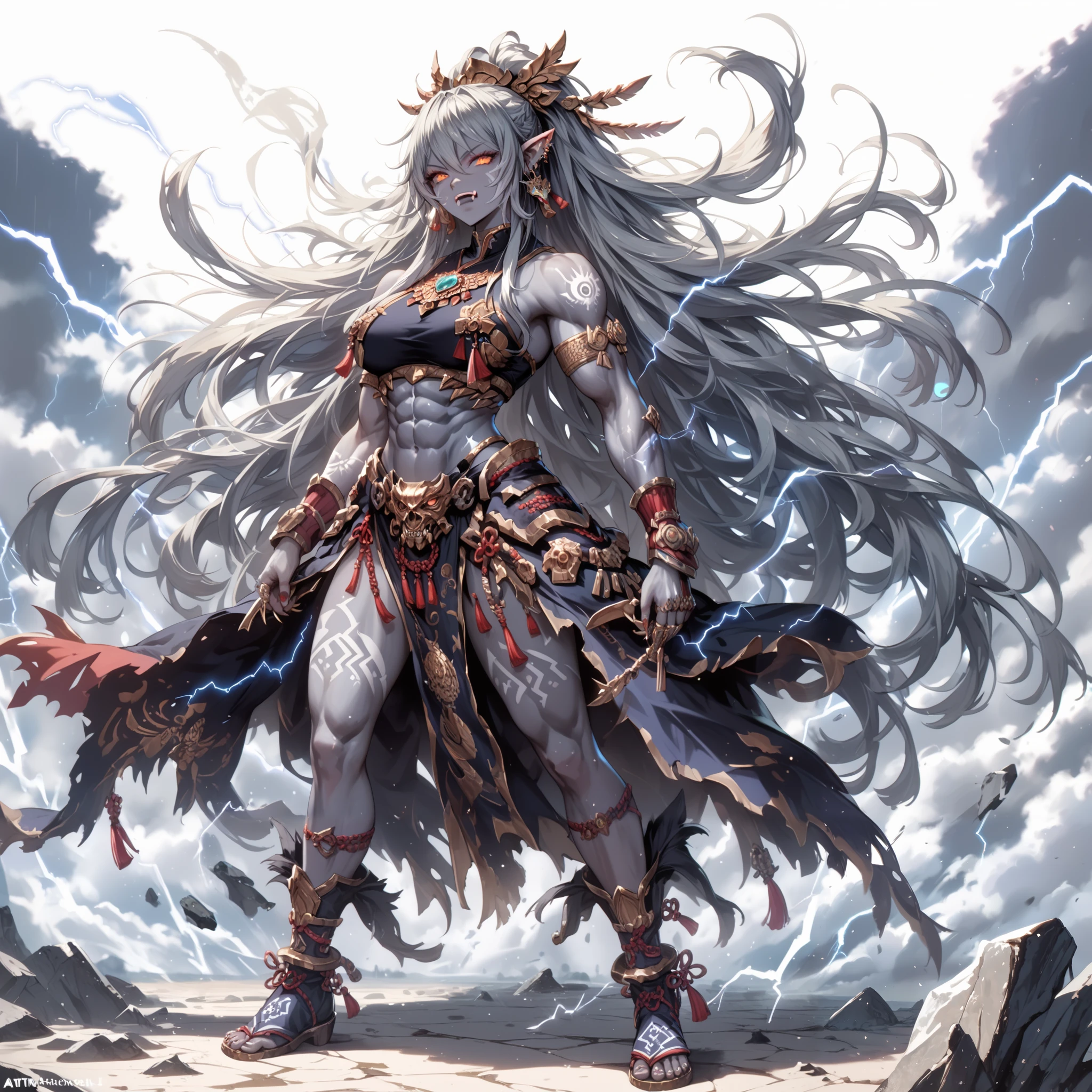 (Masterpiece, Top Quality), (Fine Hair), Ultra-Detailed, Anime like illustration Style, Solo, Full Length, ultra-massive. muscular, Fantasy half-orc girl, gray skin, long disheveled hair, fangs of random stakes, female priestess of the storm god, clad in thunderclouds and lightning, Native Mexican folk costumes. she stands on the desolate ground! White background, standing full length,