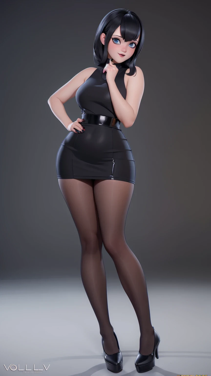 ( better quality:1.4),( shiny skin ), focus on the body, (cute face), ((( better quality))), illustration, ((voluptuous curves, curvy body, very wide hips,very thick thighs )), , Beautiful Body, Beautiful character design , lighting, Colorful, bright_front_face_lighting, high resolution, high resolution, absurdres:1.2, hips:1.2, glare, (bright_color:1.2), ( thick shoulders:1.1), thick, black hair with bangs , pale skin, big round blue eyes , black eyeliner , black lipstick, neutral facial expression , brown sleeveless mini dress, pantyhose , strappy_heels , full body shot ,full shot