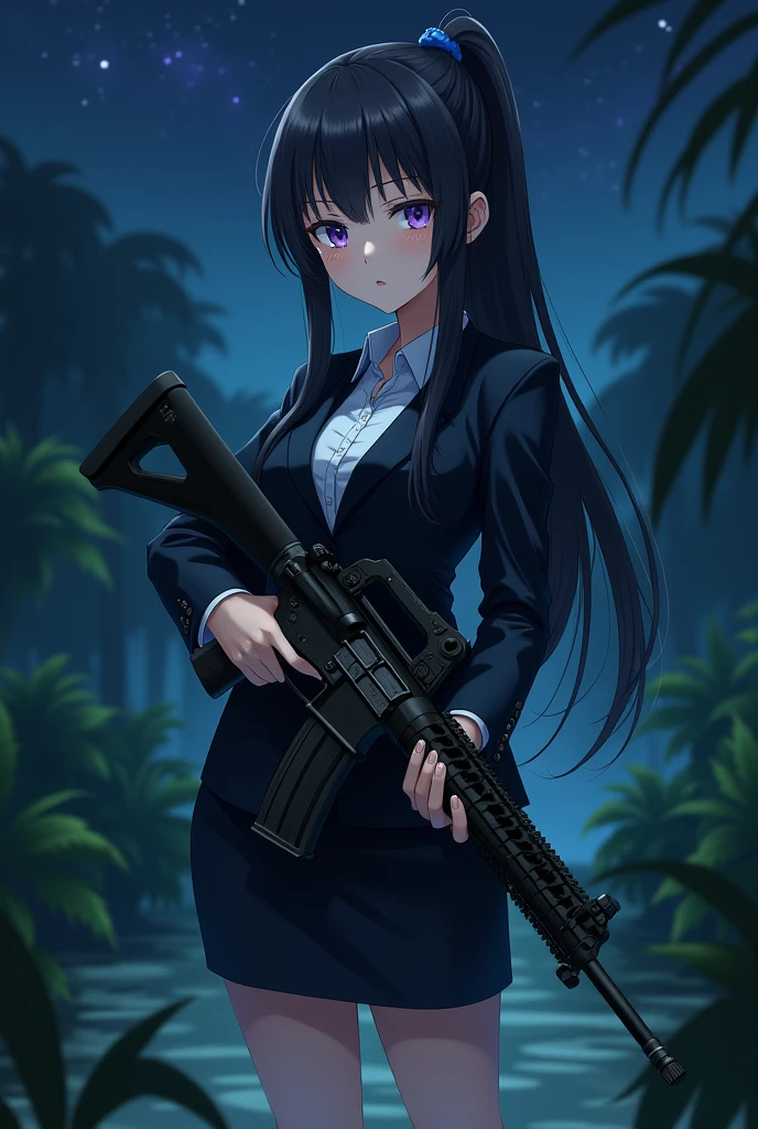 (((pixel-perfect, detail-perfect))), solo, 1girl, hair ornaments, long hair, black hair, blue eyes, medium chest, akebi komichi, Imperial Guard Combat Uniform Swimsuit, o-ring bikini, v gundam, swimsuit, absurdres, highres, solo, cowboy shot, 1girl, neneka nibrou \(cosplay\), wristband, headphone, holster, backpack, holding gun, aiming, perfect hands, wind, medium breast, (((blood on clothes, blood on face)))