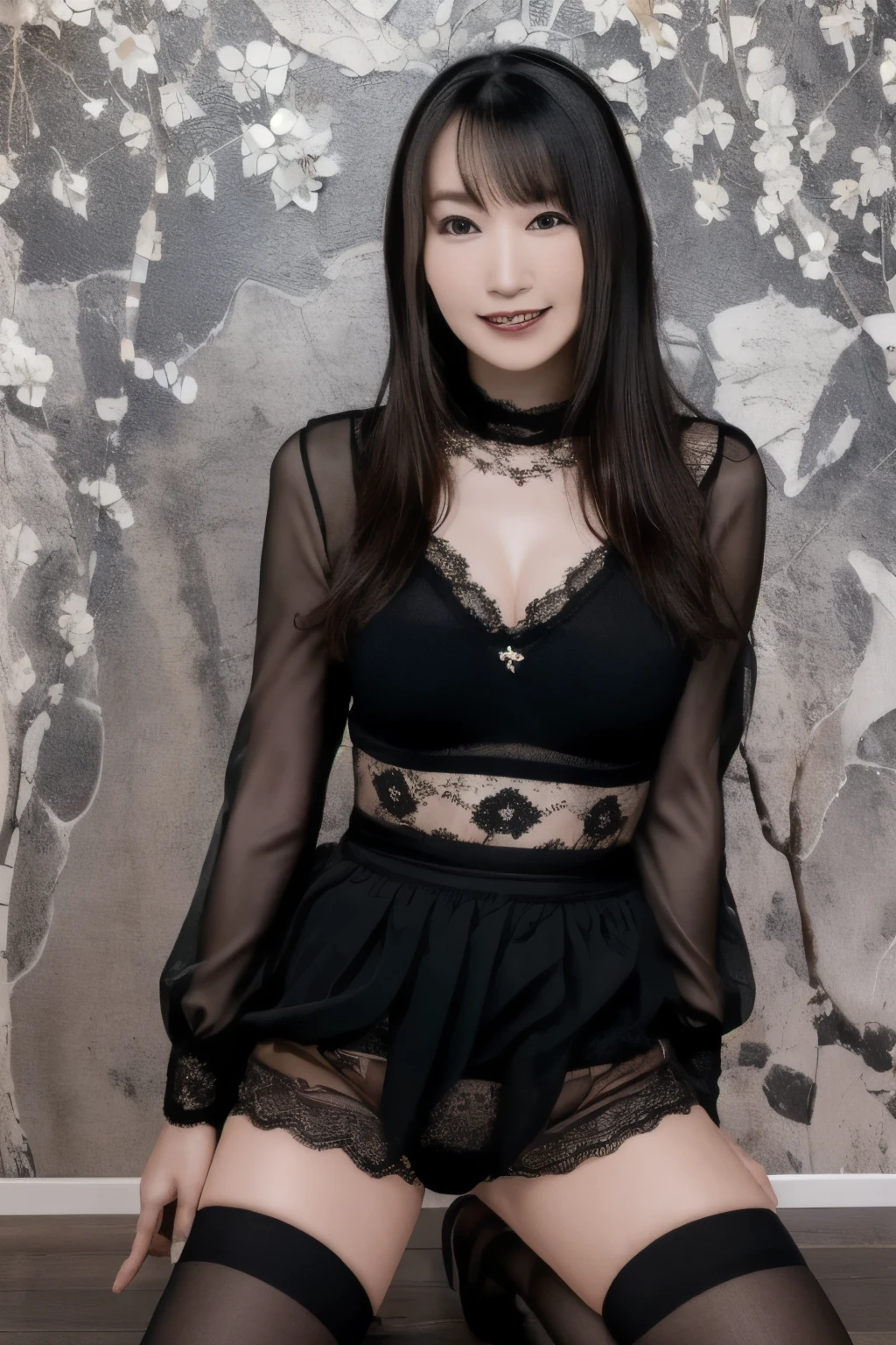 sexy woman with long hair in a cat costume with Lace Garter Belts and choker, seductive pose, big breasts.