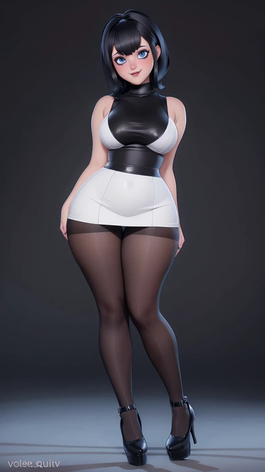 ( better quality:1.4),( shiny skin ), focus on the body, (cute face), ((( better quality))), illustration, ((voluptuous curves, curvy body, very wide hips,very thick thighs )), , Beautiful Body, Beautiful character design , lighting, Colorful, bright_front_face_lighting, high resolution, high resolution, absurdres:1.2, hips:1.2, glare, (bright_color:1.2), ( thick shoulders:1.1), thick, black hair with bangs , pale skin, big round blue eyes , black eyeliner , black lipstick, neutral facial expression , brown sleeveless mini dress, pantyhose , strappy_heels , full body shot ,full shot