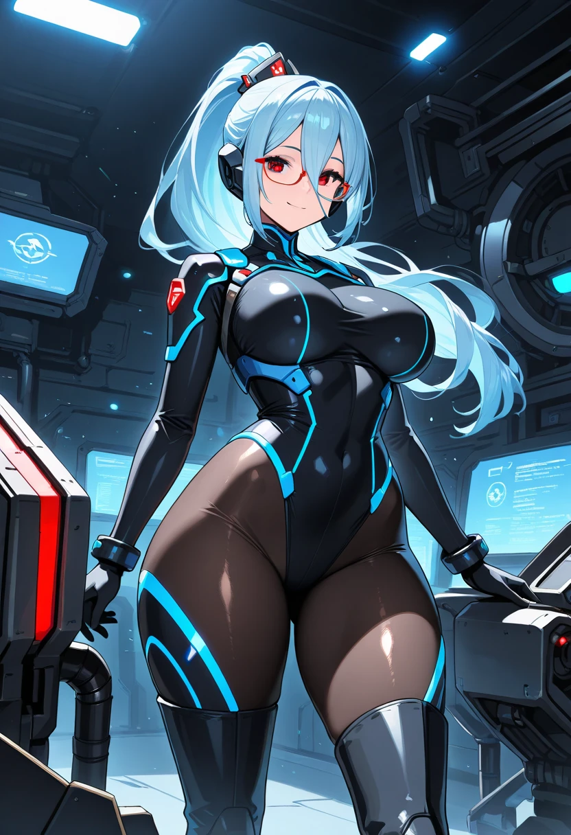 ((Best Quality)), ((masterpiece)), (detailed)((Perfect face)), ((perfect hands)), Girl, long navy blue hair, blue eyes,completely blue skin, pointy ears, serious expression, vampire fangs, blusa de tirantes negra ajustada con neckline, fitted shorts, work gloves, holding a drill, robots,metallic cyberpunk machine taller, blue holograms, blue technology, night landscape, neckline, big breasts, repairing a robot, long hair high ponytail hairstyle, blue skin