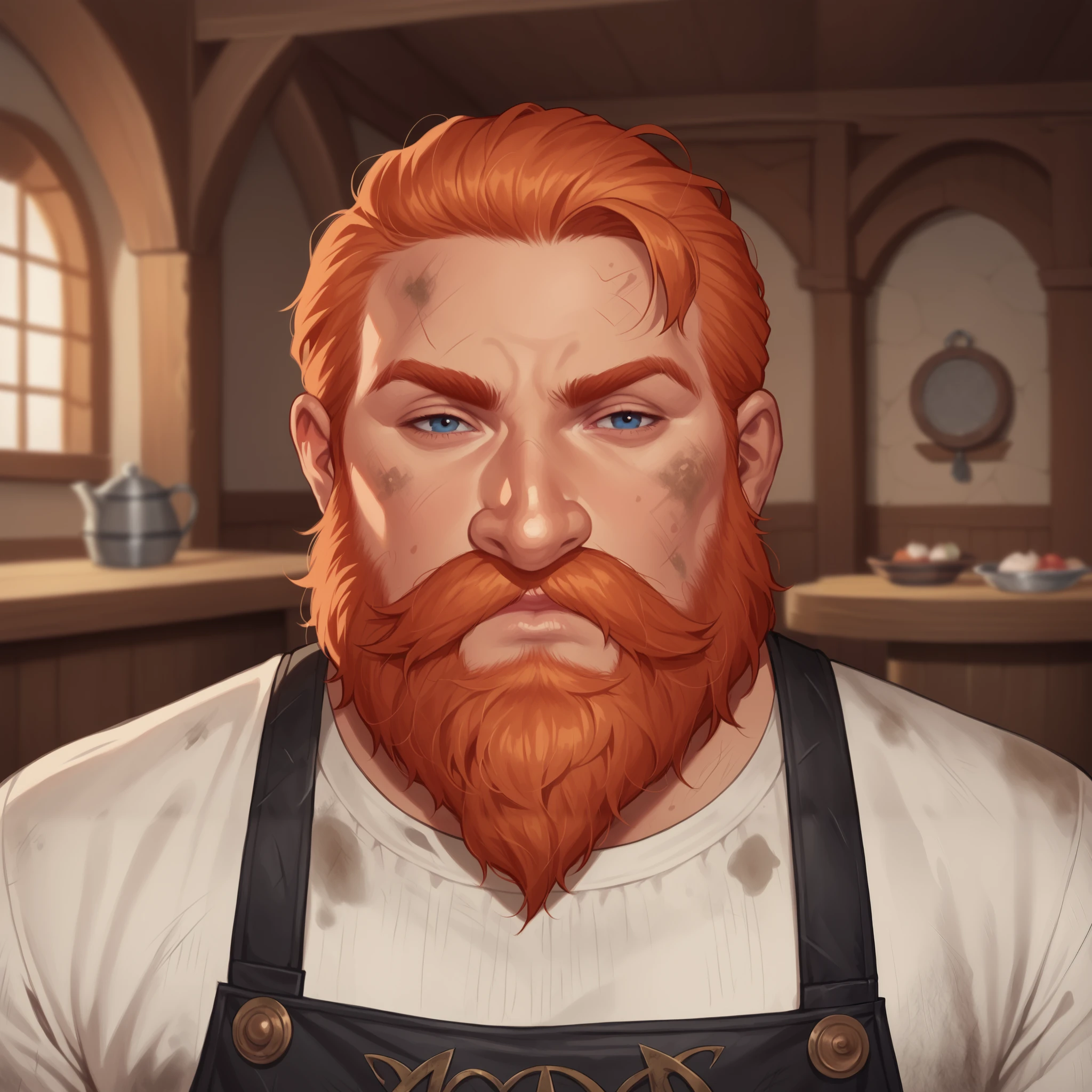 (((beautiful, high quality, comics style, detailed face))), score_9, score_8_up, score_7_up, BREAK, 1man, mature male Dwarf, 50-year-old, short stature, big nose:1.1, ginger, bearded, hairy body, front view, bored, tan skin, blacksmith, cotton tunic, black leather apron, dirty, frayed fabric, fantasy tavern, blurred background, DeepNegative_xl_v1, detailxl, zPDXL3