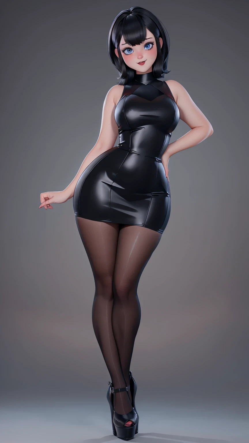( better quality:1.4),( shiny skin ), focus on the body, (cute face), ((( better quality))), illustration, ((voluptuous curves, curvy body, very wide hips,very thick thighs )), , Beautiful Body,  Beautiful character design , lighting, Colorful, bright_front_face_lighting,  high resolution,  high resolution, absurdres:1.2, hips:1.2, glare, (bright_color:1.2), ( thick shoulders:1.1), thick, black hair with bangs ,  pale skin,  big round blue eyes ,  black eyeliner , black lipstick,  neutral facial expression ,  brown sleeveless mini dress, pantyhose , strappy_heels , full body shot ,full shot 